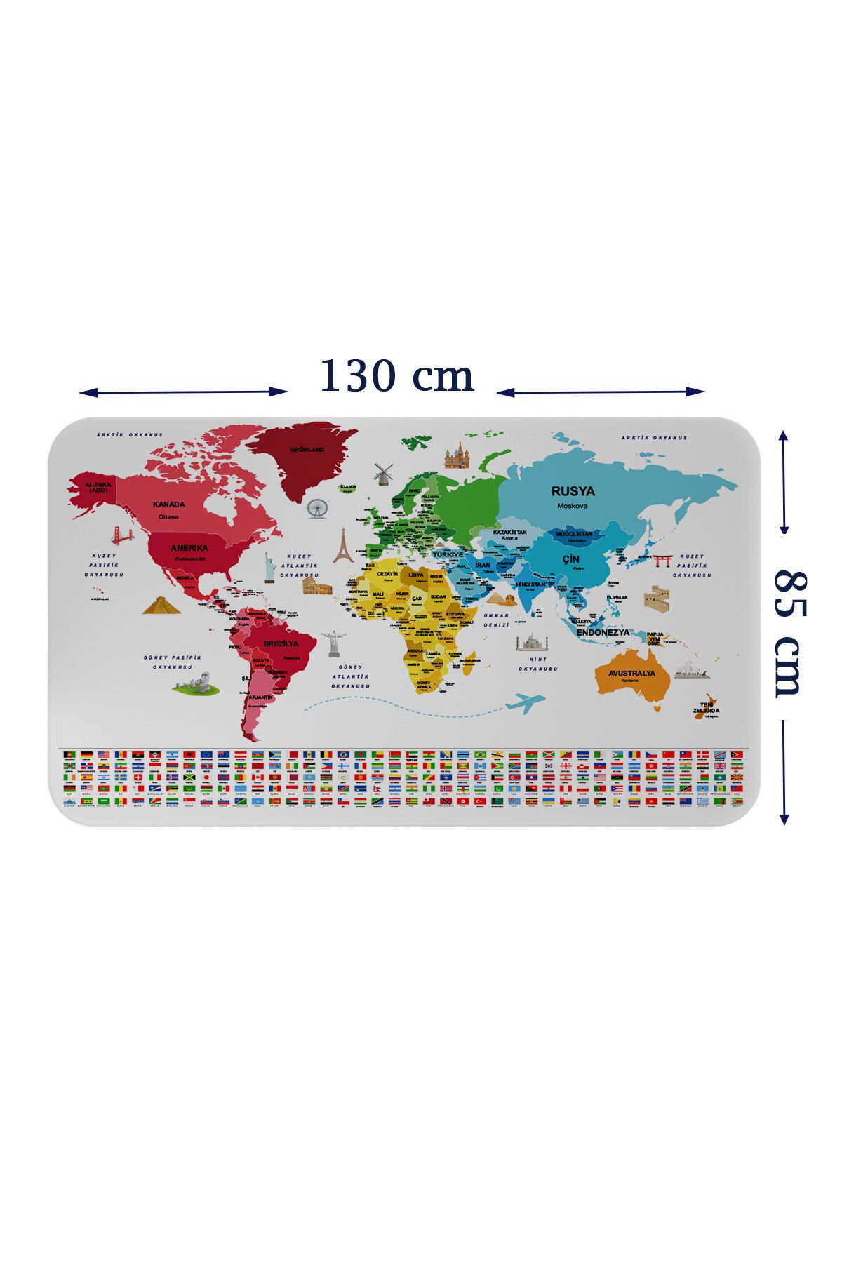 Haye Collection Türkçe Ülke Bayrak lı Eğitici Başkent Detaylı Atlası Dünya Haritası Duvar Sticker-85x130-3861