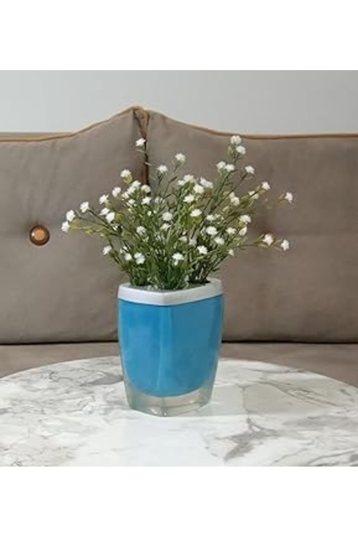 Mu Art Ahşap Vazo Dahil,vazo Dahil,vazoda Çiçek,beyaz Yapay Çiçek,vazo Dekoratif Gri Mavi Poliresin 8x4