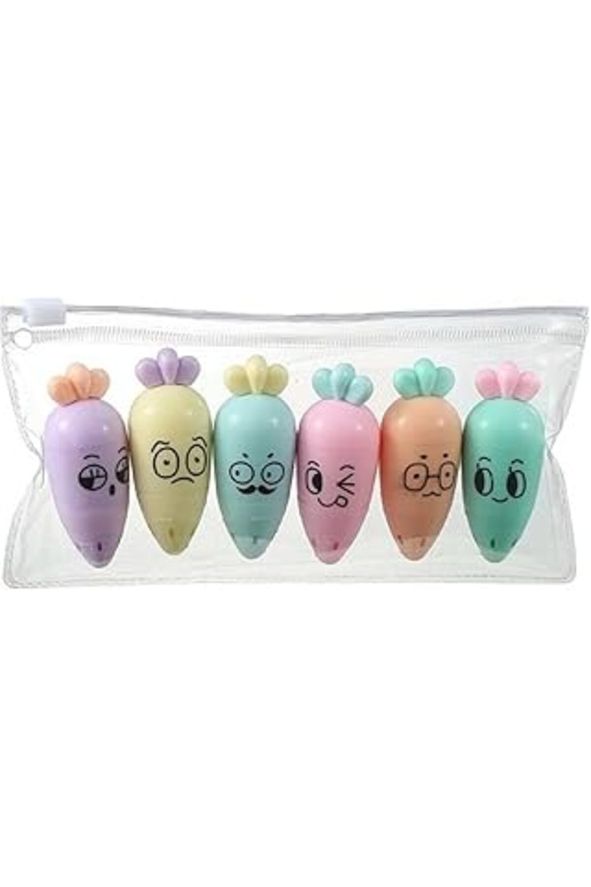 Mu Art Ahşap Fosforlu Kalem 6’Lı Mini Boy Pastel Renkler Havuç Yüz Ifadeli İşaretleme Kalemi, Çok Renkli