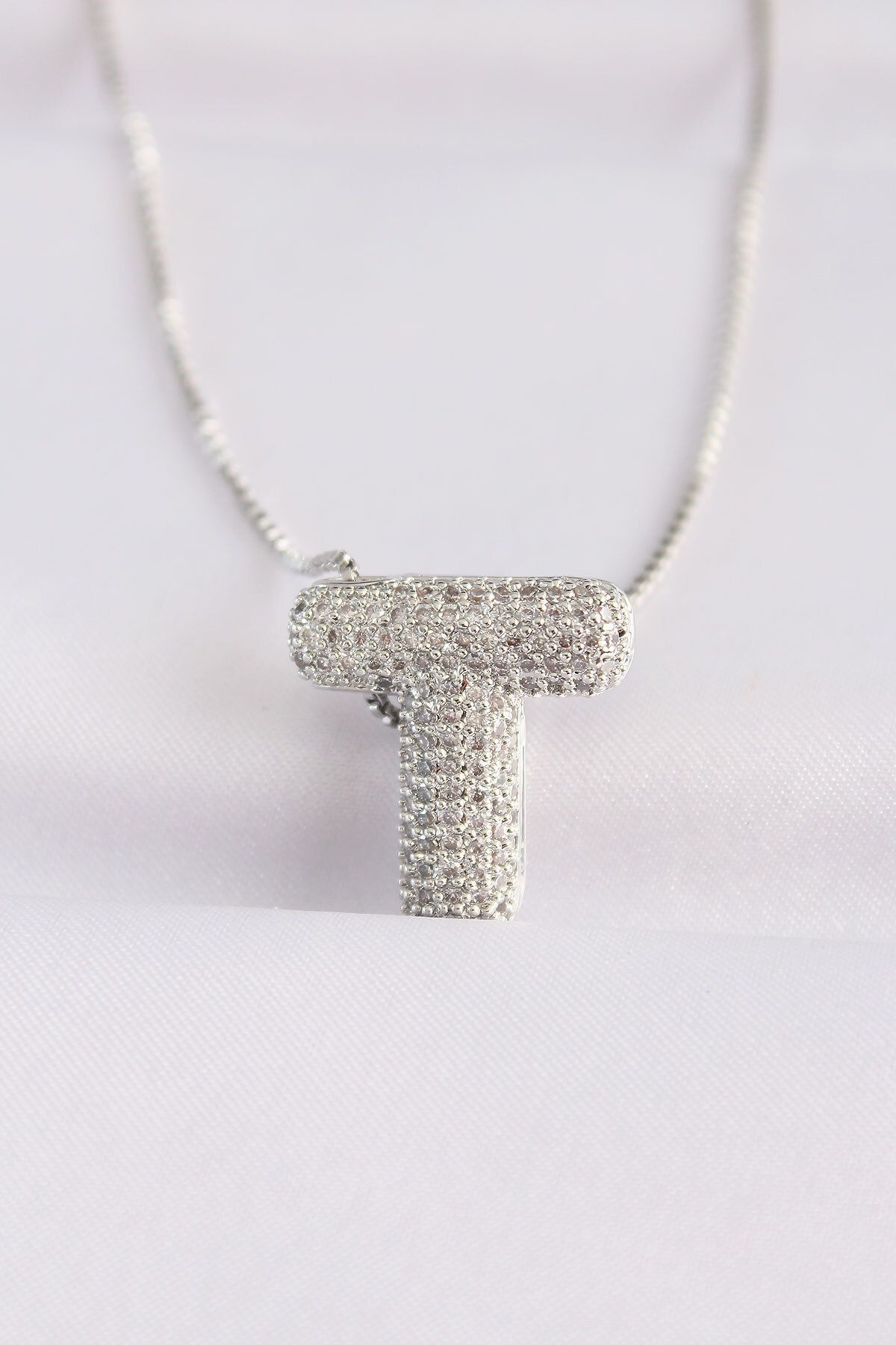 FUDER 316L Çelik Zincirli Zirkon Taşlı T Harfli Silver Renk Bubble Kolye