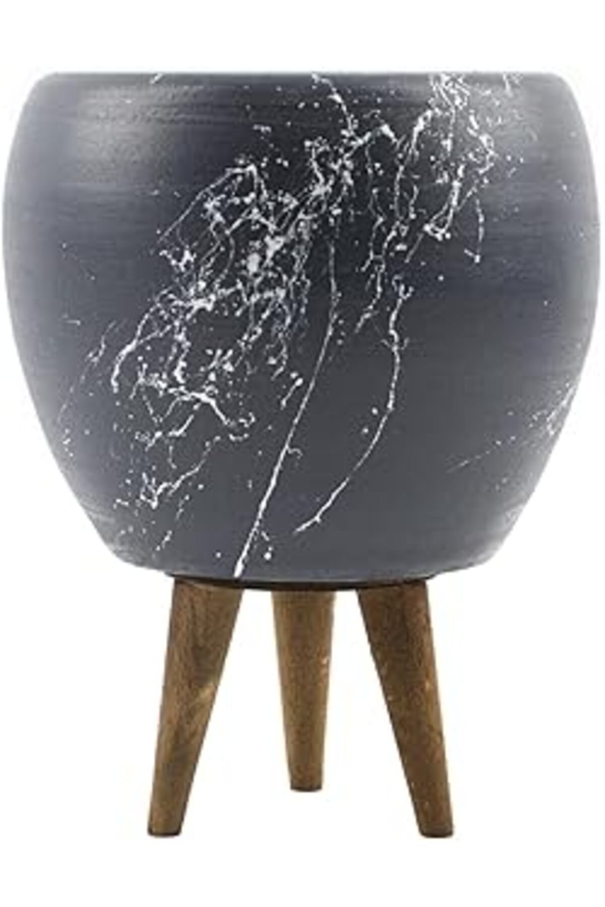 Mu Art Ahşap Bitkitasarımı Mermer Efektli Gri Üzeri Beyaz Toprak Saksi 3 Ayakli-15 Cm