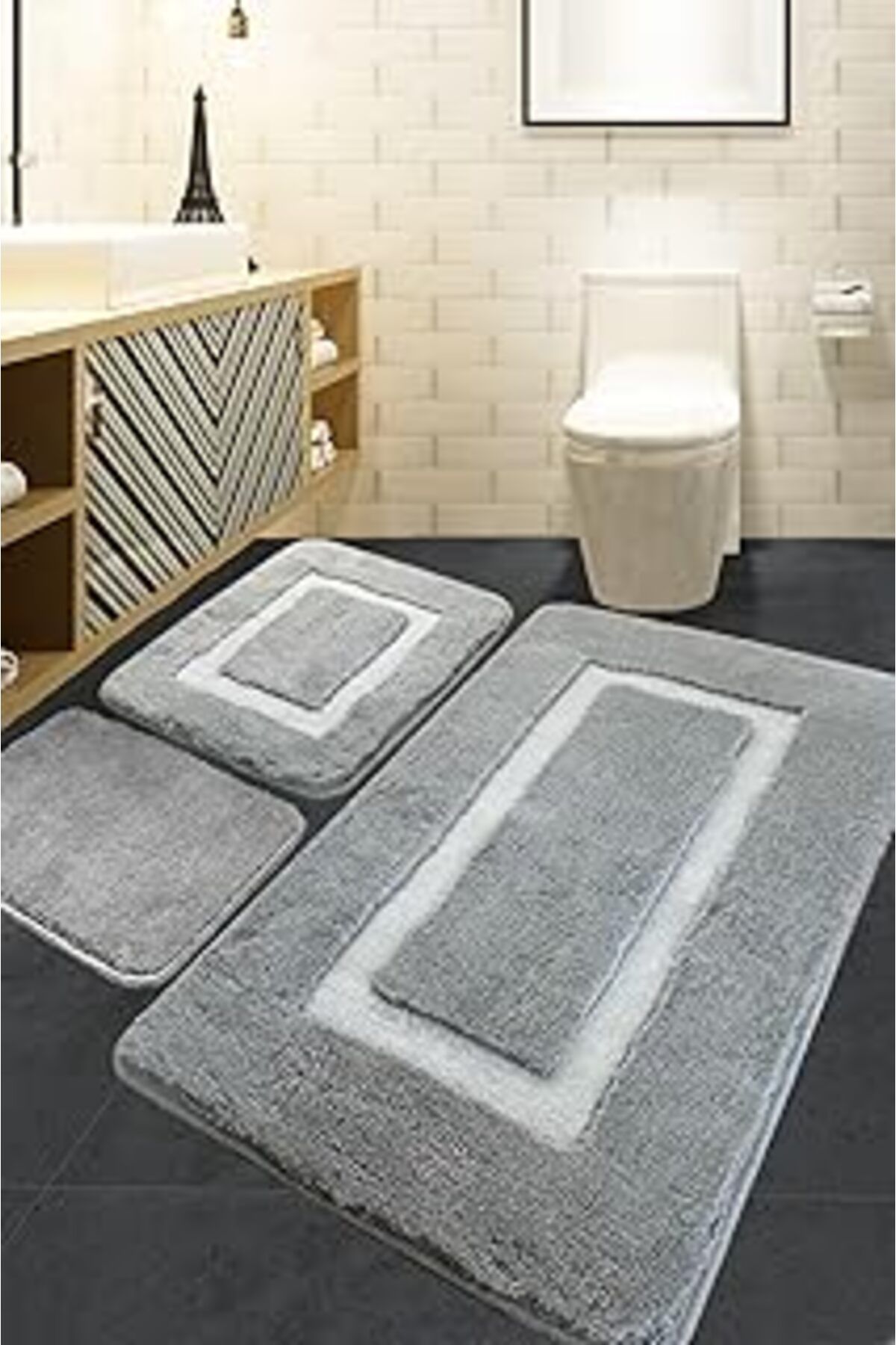 karadağsb Chilai Home Quadrato Frame Grey 3'Lü Set Banyo Halısı Akrilik, 60 X 100