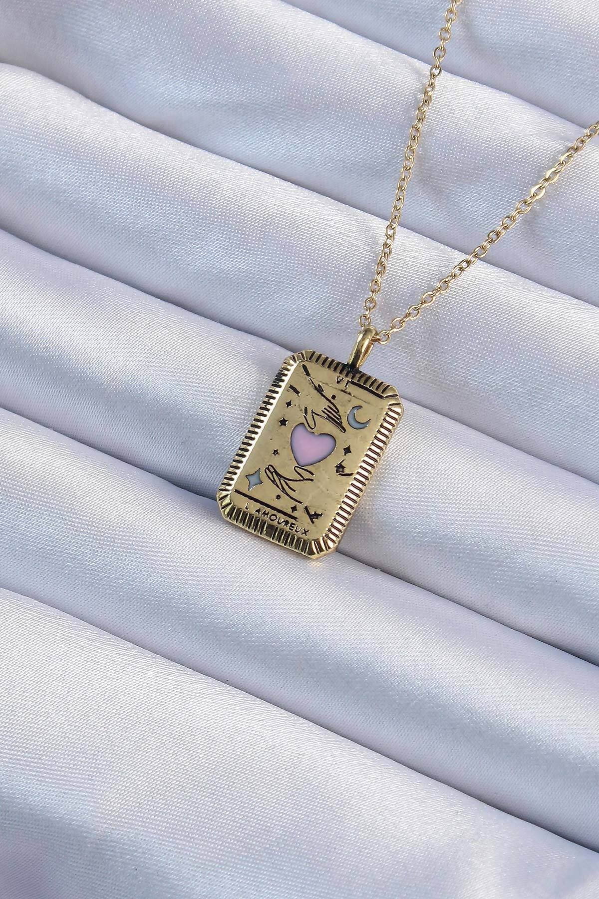 NEX 316L Çelik Özel Seri Zincir Eskitme Altın Renk Pembe Mineli Kalp Figürlü Tarot Kolye