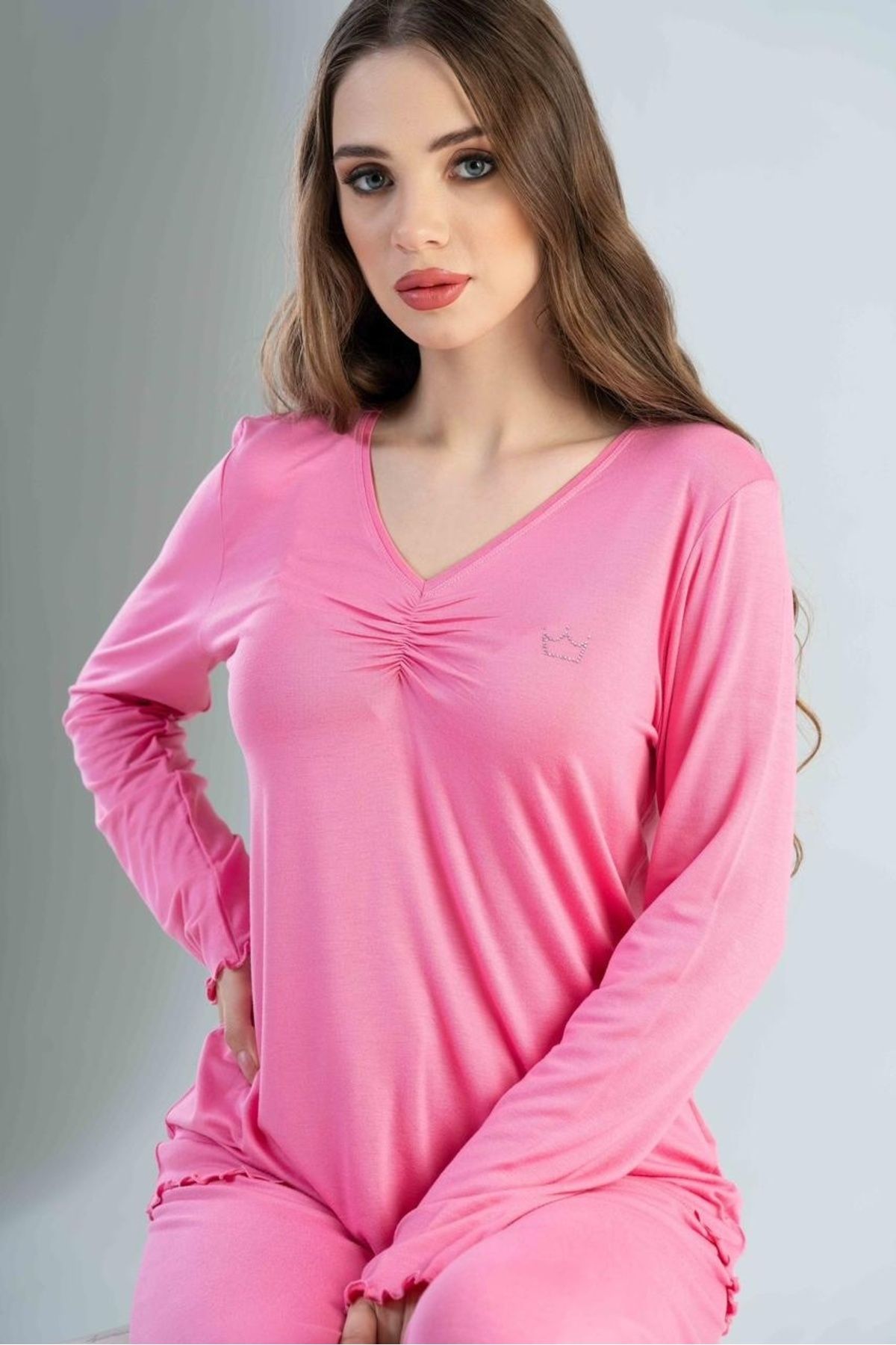 LOUNRE Vorteks Viskon/Likralı Büzgülü Uzun Kollu Kadın Pijama Takımı