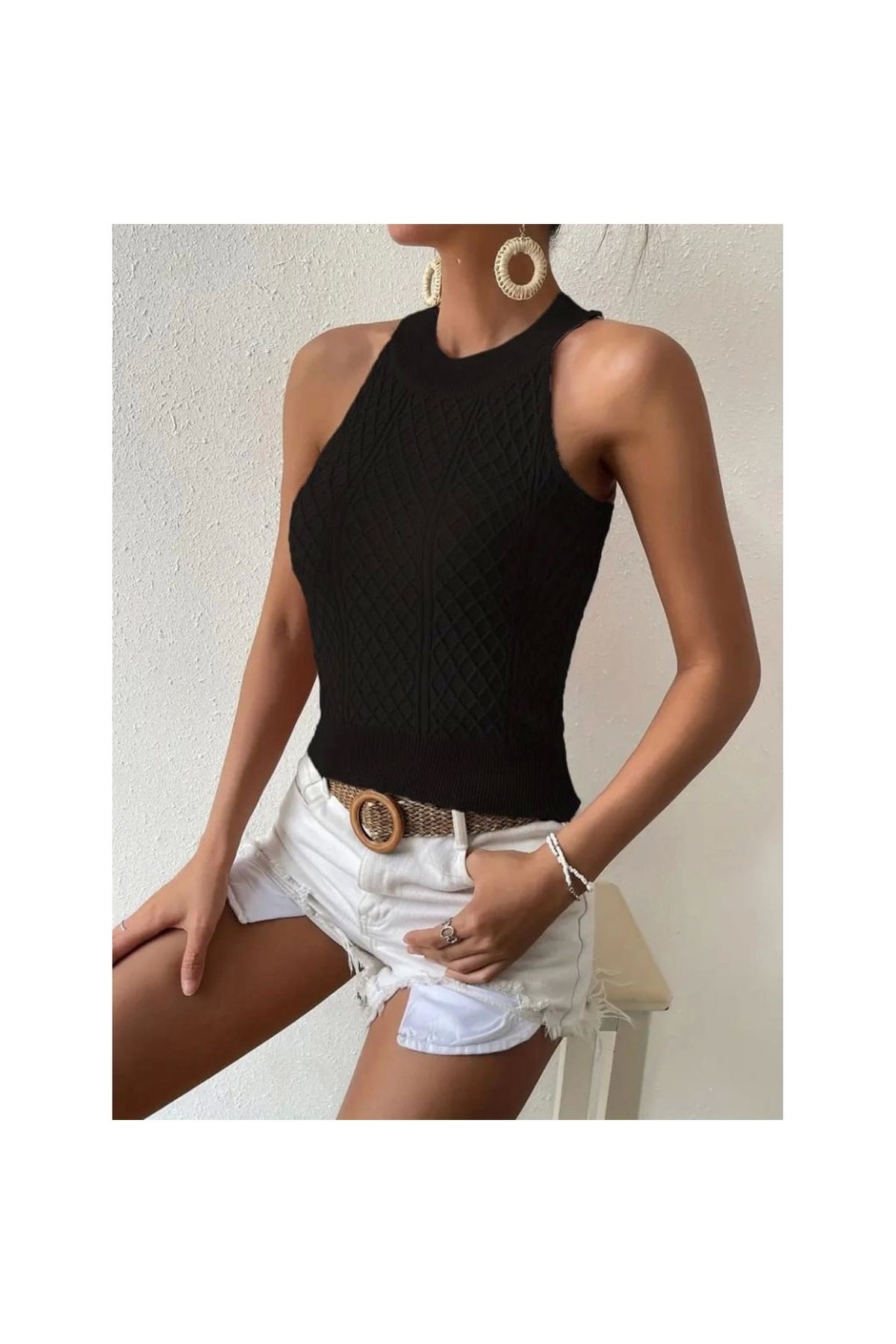 Marsilyan - Kadın Kolsuz Halter Yaka Mini Baklava Desenli Triko Bluz