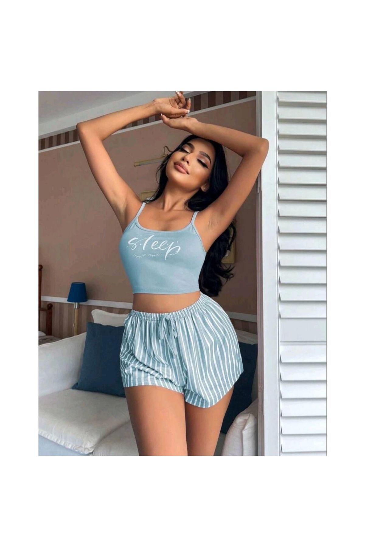 Marsilyan Kadın Mavi ÇİZGİLİDesenli Askılı Şortlu Pijama Takım