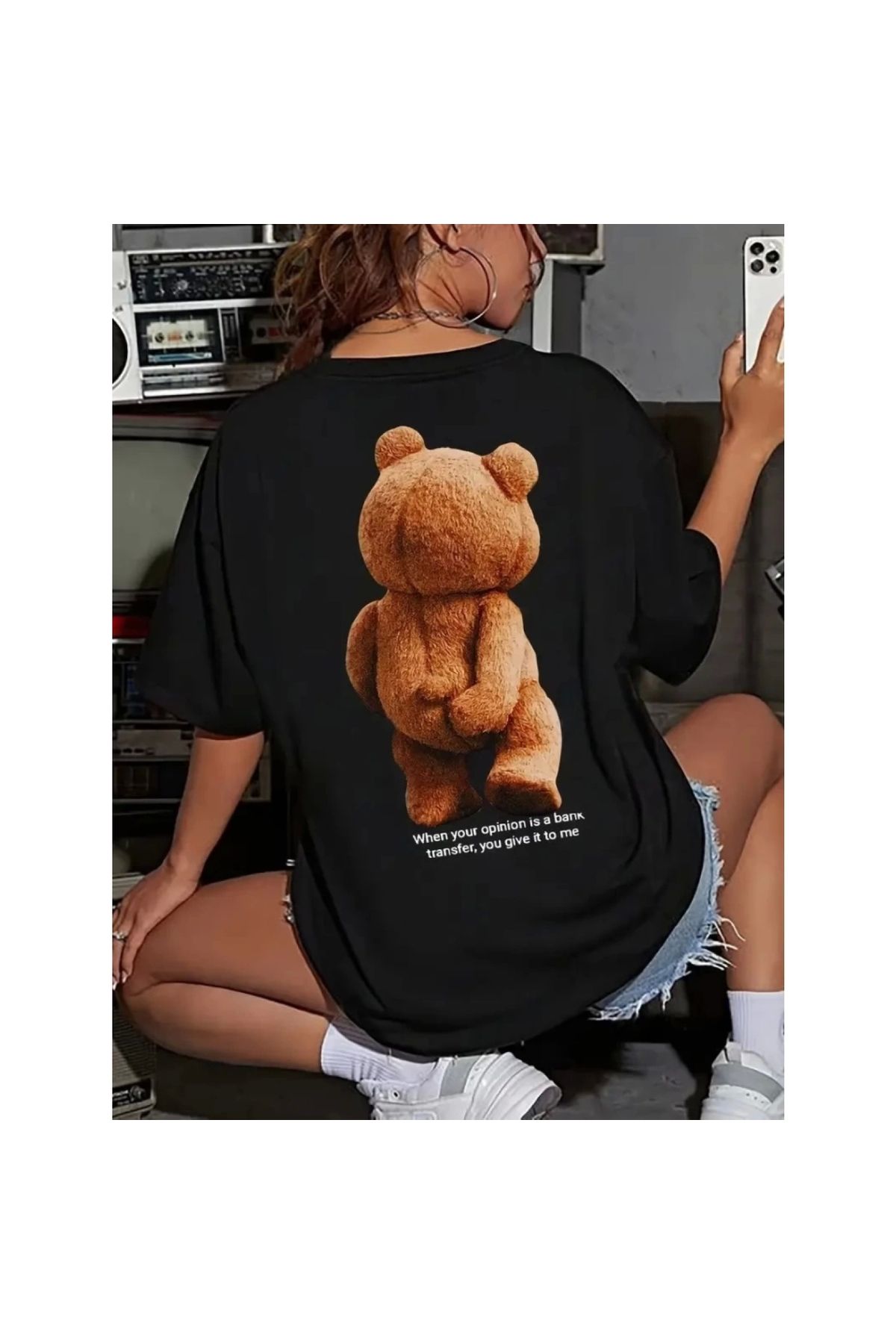 Marsilyan - Baskılı Oversize Bisiklet Yaka Tshirt