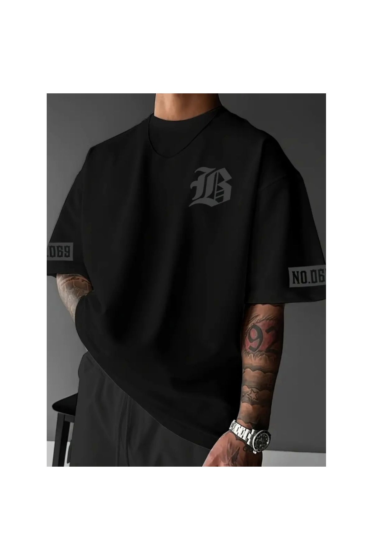 Marsilyan - Baskılı Oversize Bisiklet Yaka Tshirt