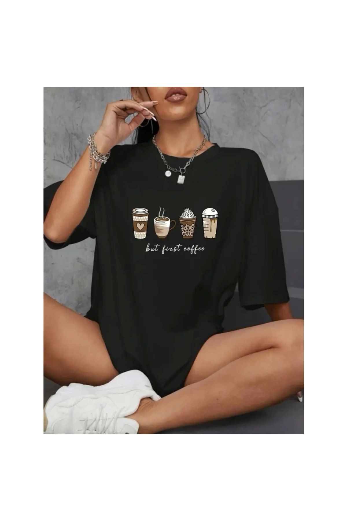 Marsilyan - Baskılı Oversize Bisiklet Yaka Tshirt