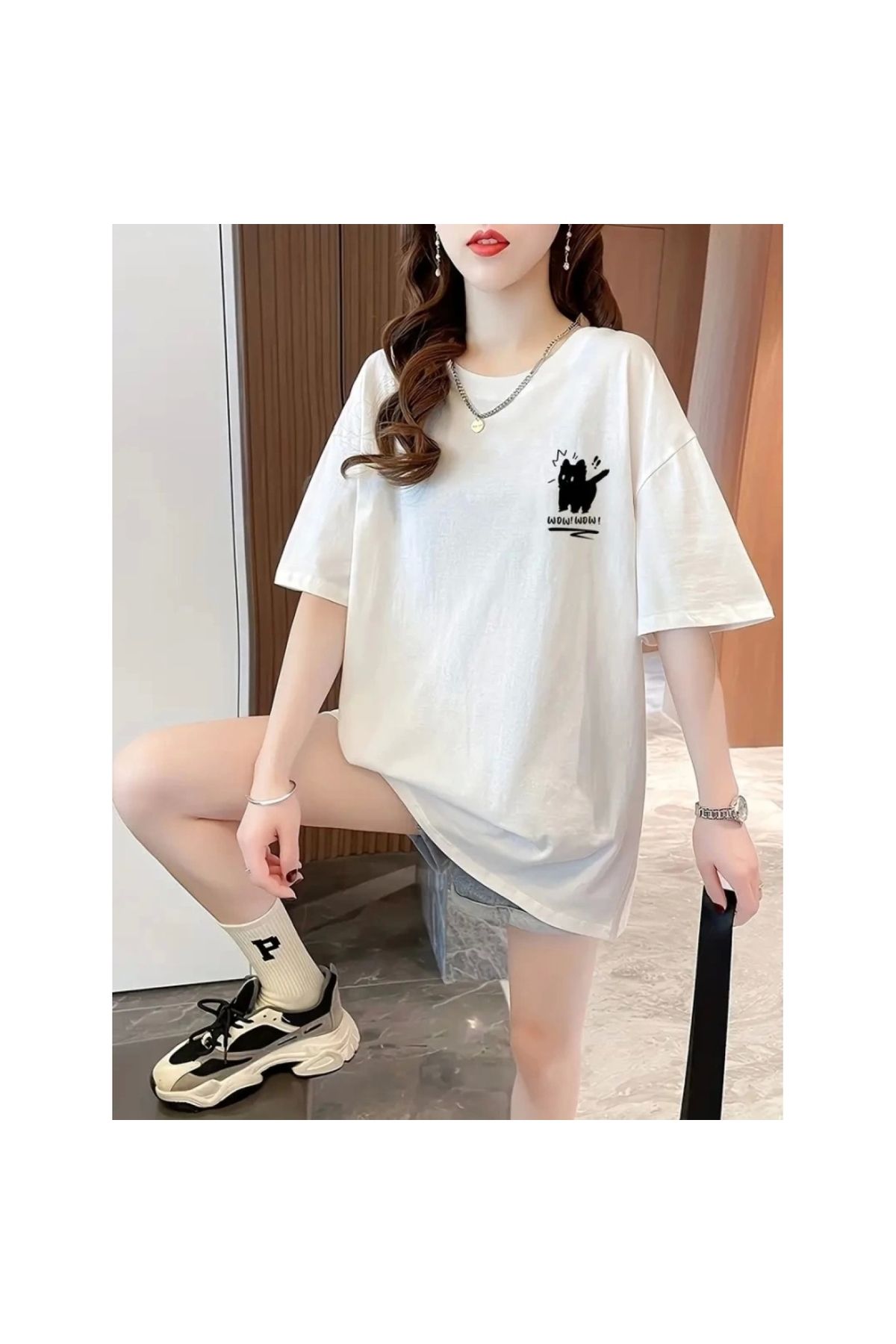 Marsilyan - Baskılı Oversize Bisiklet Yaka Tshirt