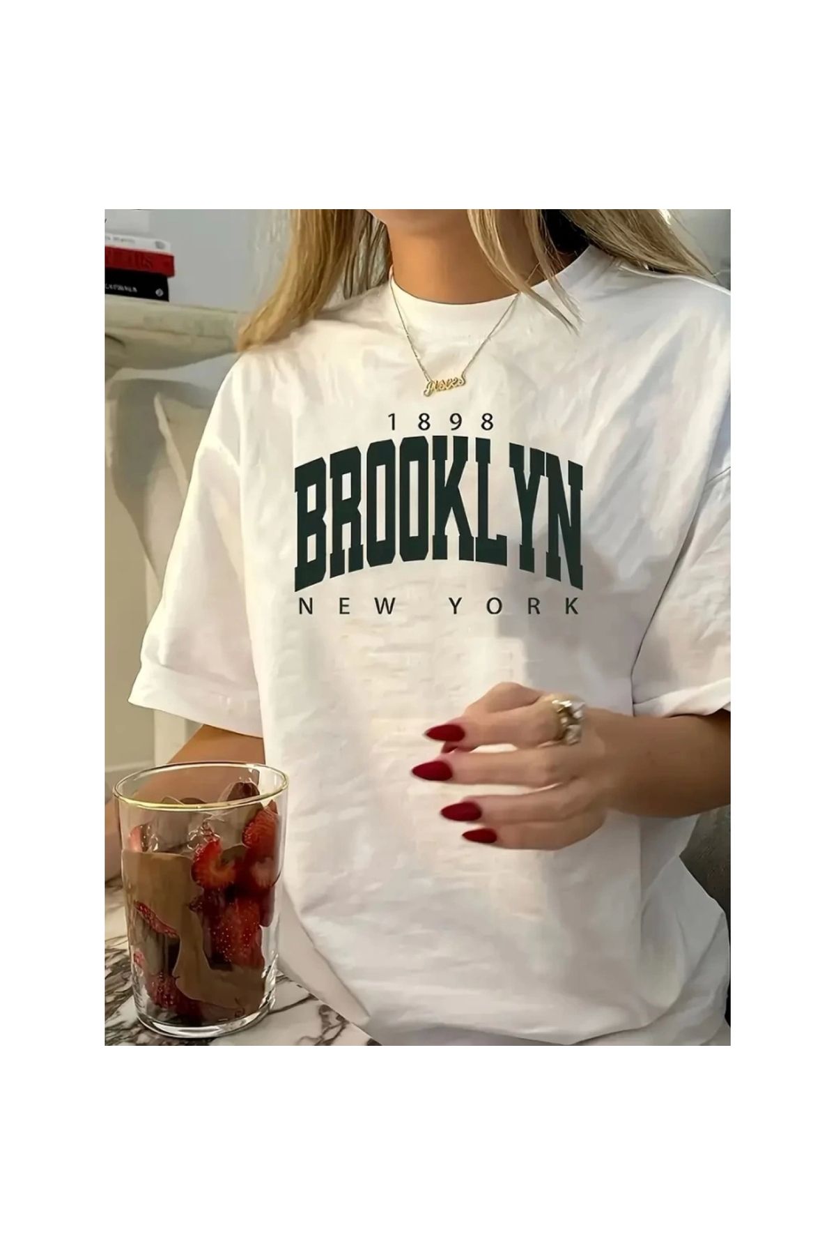 Marsilyan - Baskılı Oversize Bisiklet Yaka Tshirt