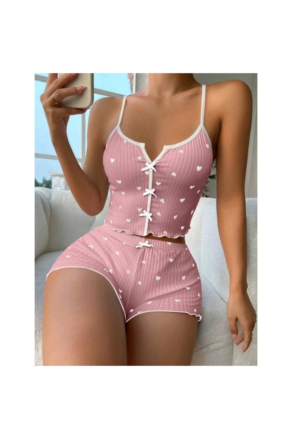 Marsilyan Kadın Pembe Kalpli Askılı Şortlu Pijama Takım