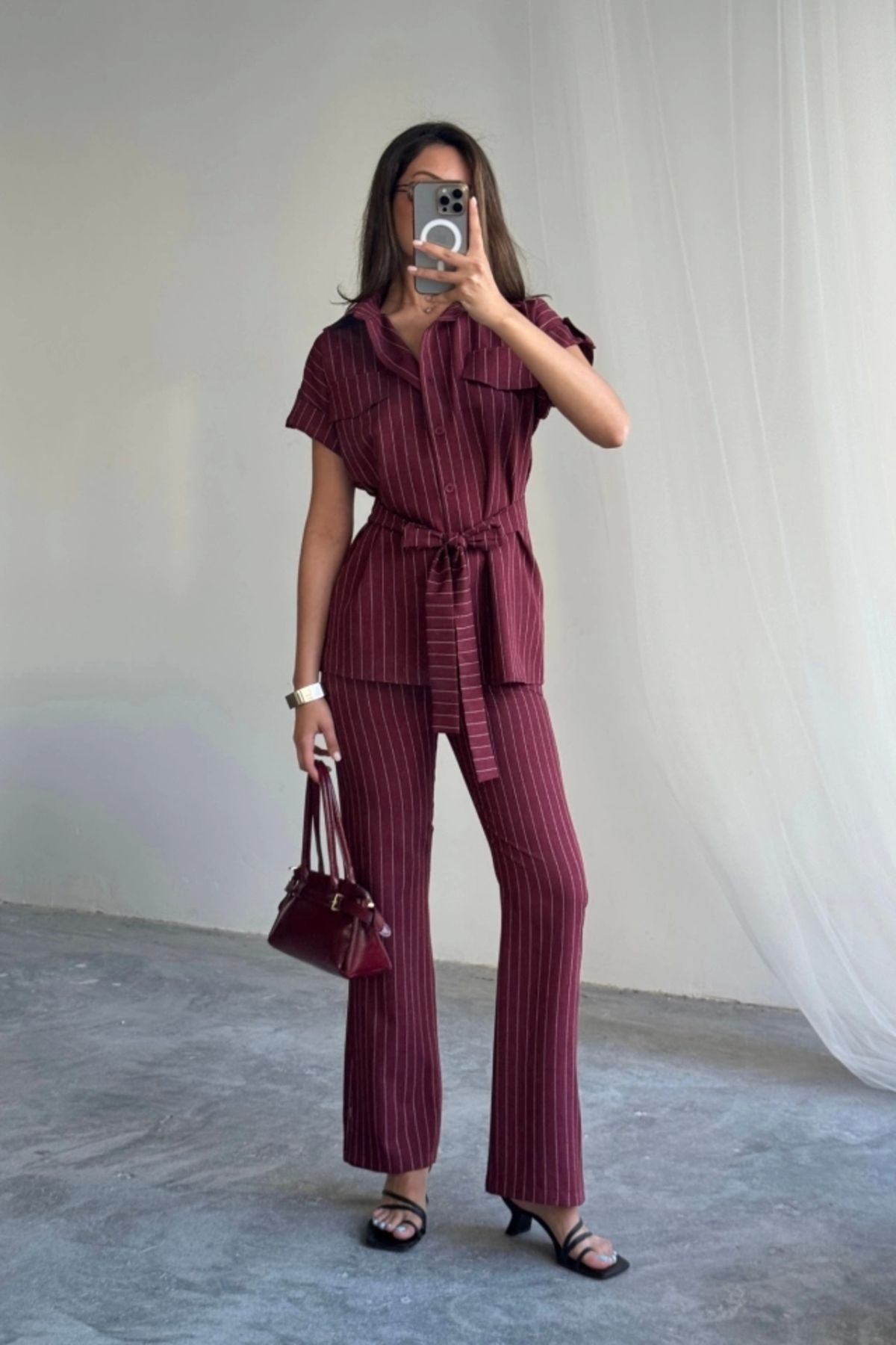 Butik ÇİZGİLİ POLYVİSKON BLUZ - PANTOLON TAKIM - Bordo