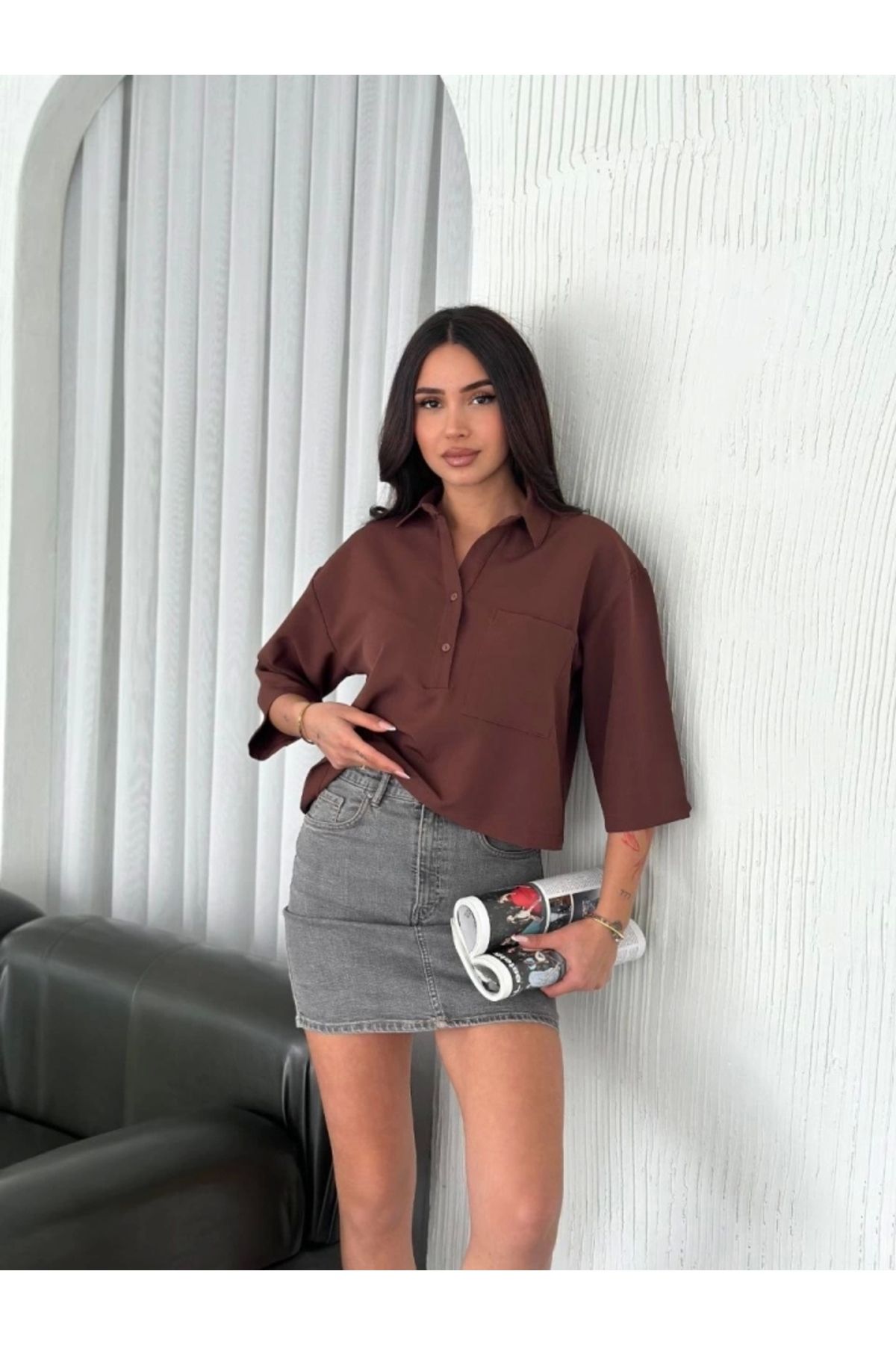 Butik Crop Yakalı Gömlek Üç Çeyrek Sleeve Kol - Kahverengi