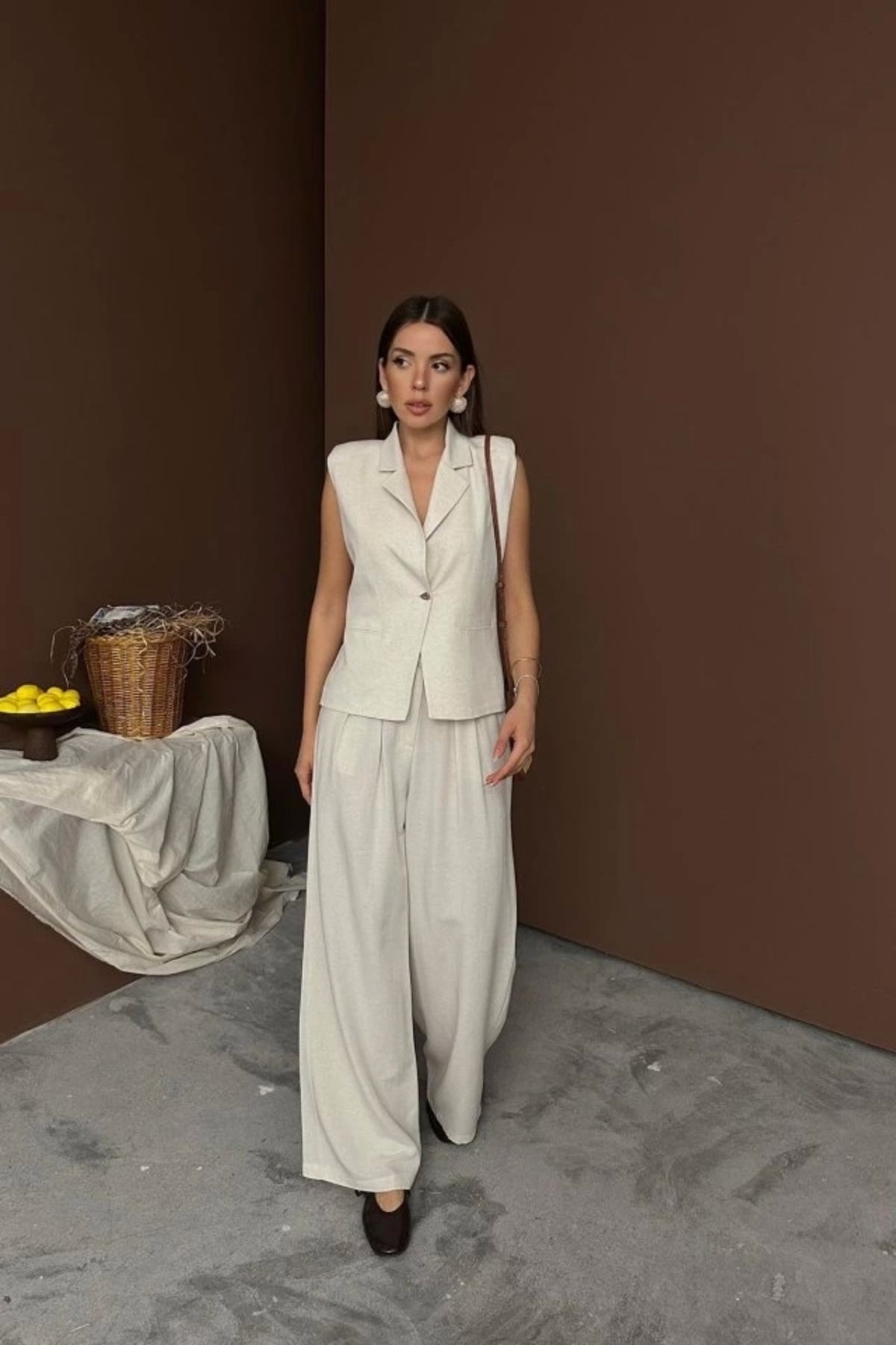 Butik Bej Keten Yelek Pantolon Takım