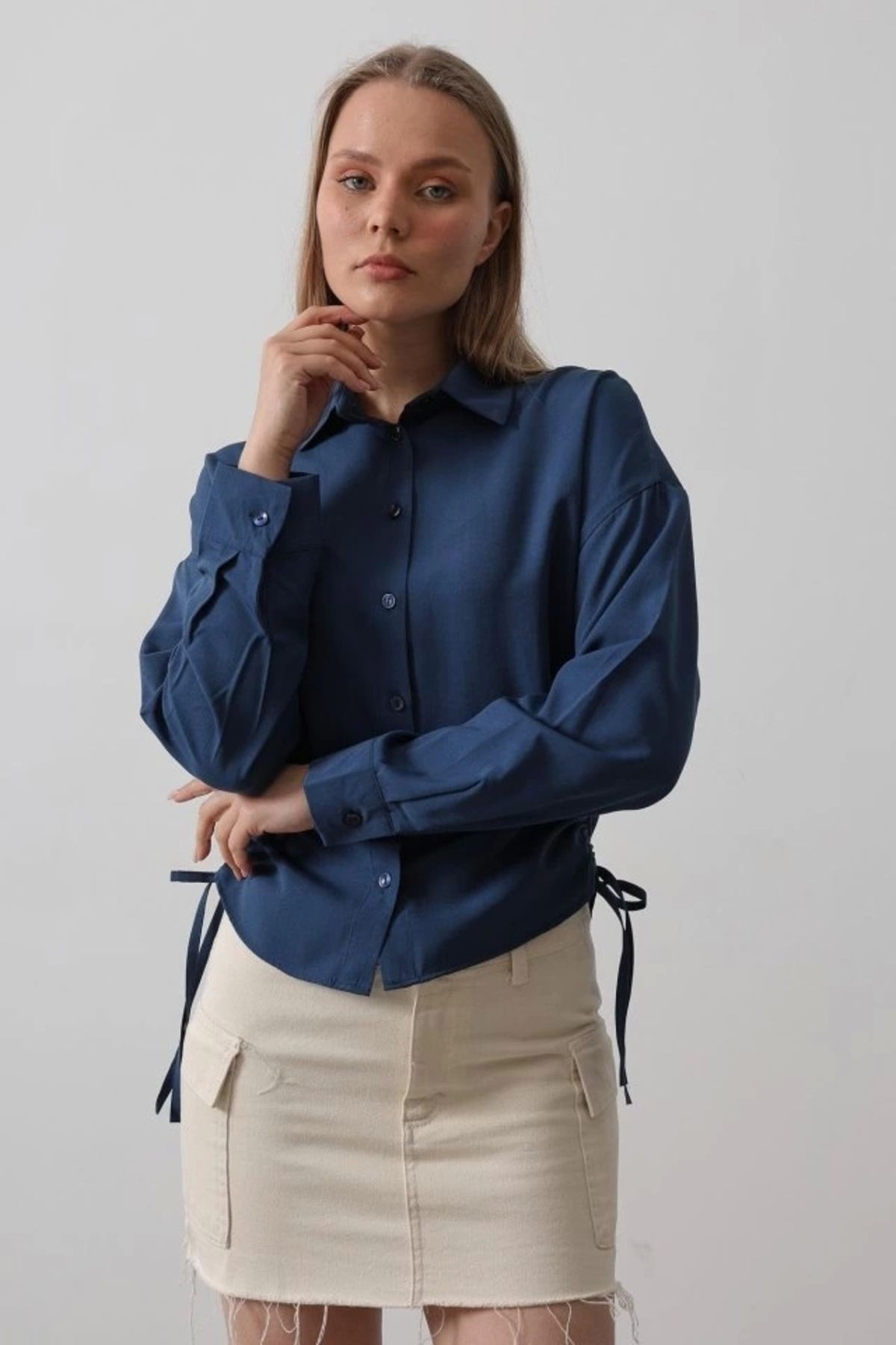 Butik Yanları Bağlamalı Basic Gömlek - İndigo