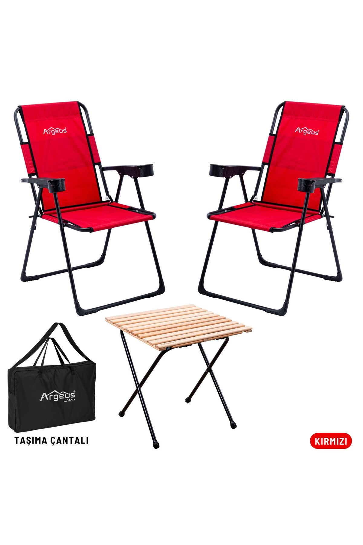 ARGEUS 2 Adet Katlanır Kamp Sandalyesi Ve Masa Seti - Rest - Taşıma Çantalı - Kırmızı - 130 Kg Taşıma