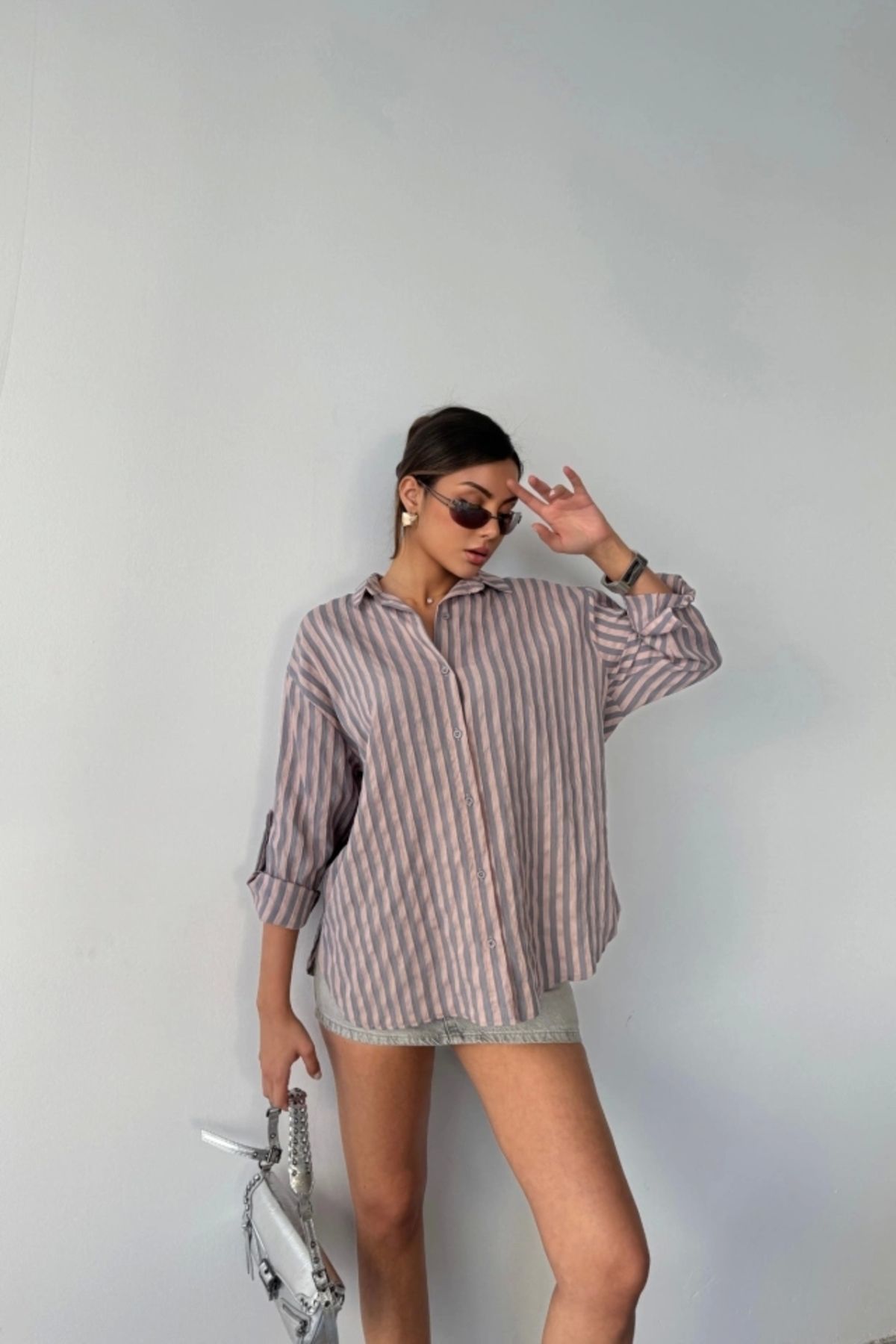 Butik ÇİZGİLİ GÖMLEK KETEN - Antrasit