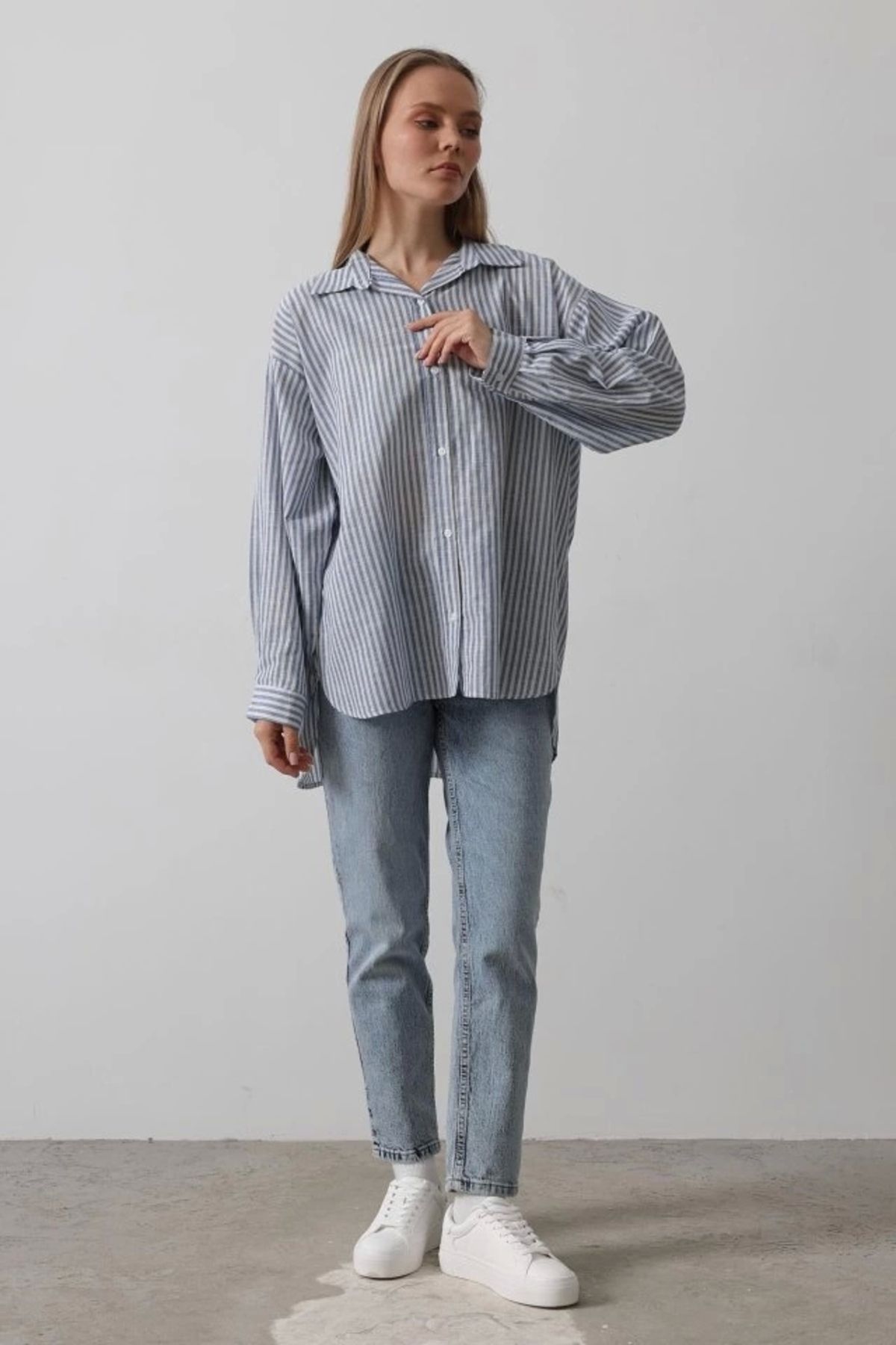Butik Çizgili Tunik Gömlek - Mavi Desen 4