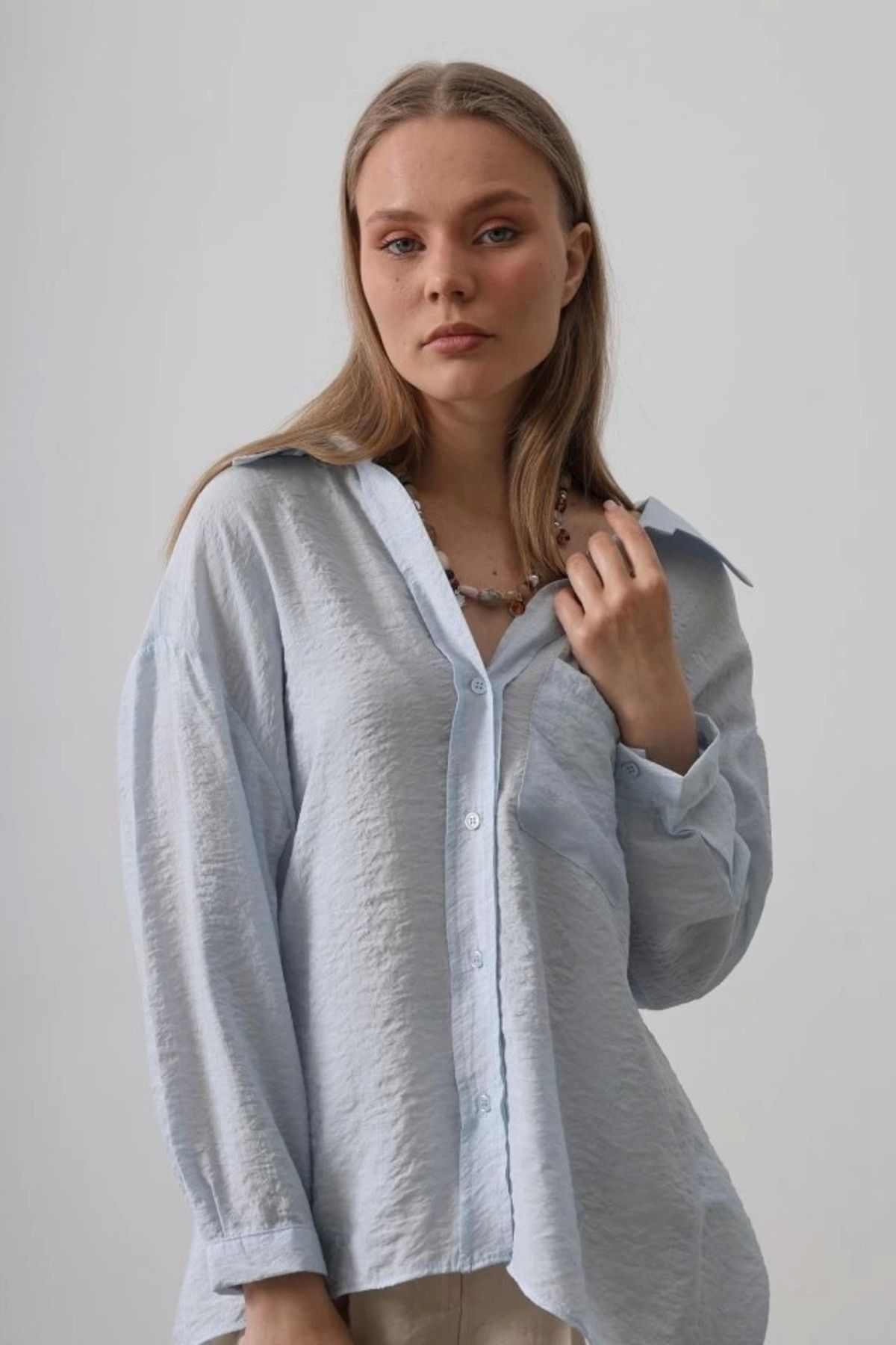 Butik Cepli Oversize Gömlek - Bebe Mavisi