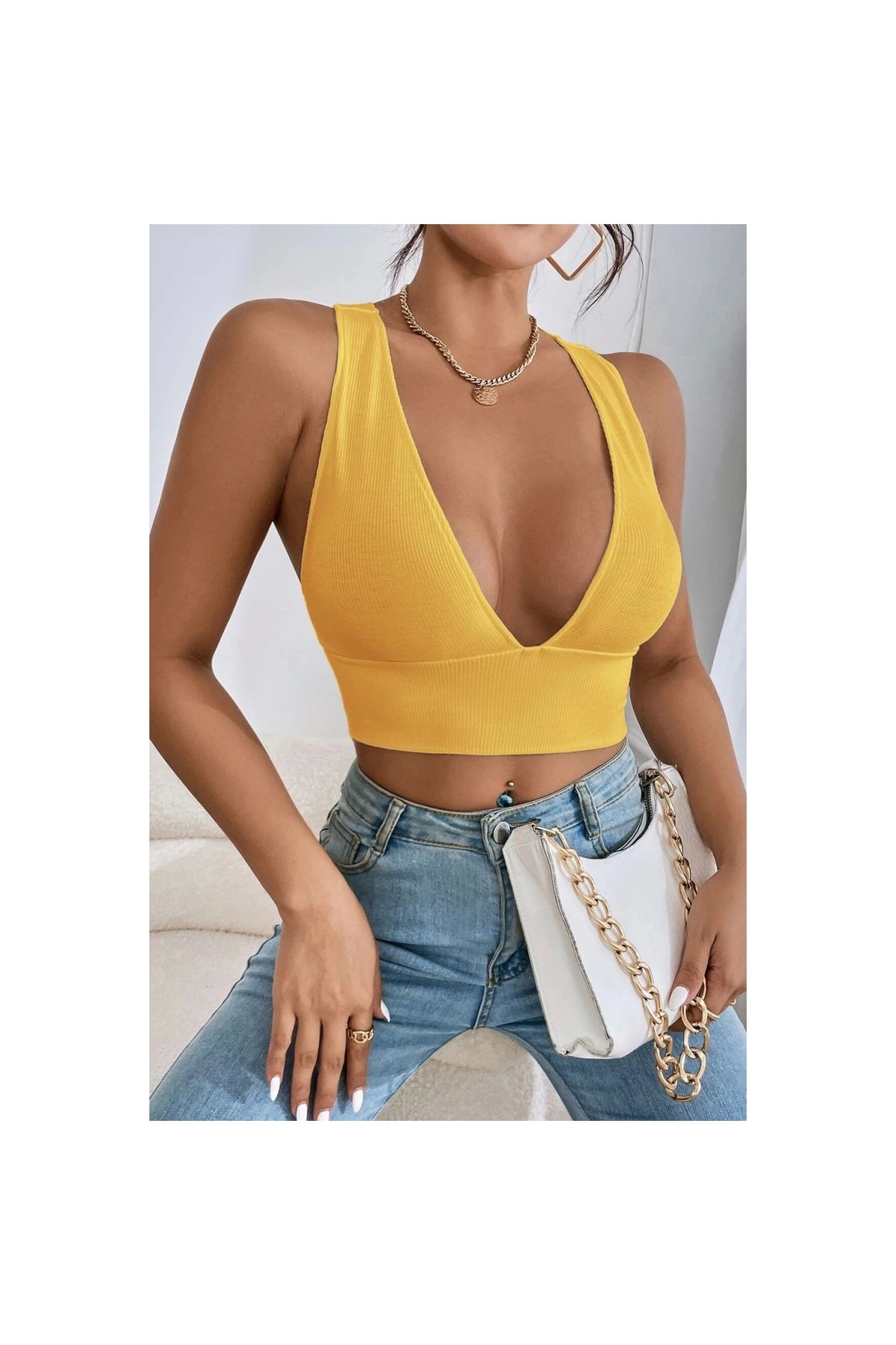Marsilyan - Kadın Sarı Çapraz Sırt Detaylı Şık Crop Top Büstiyer