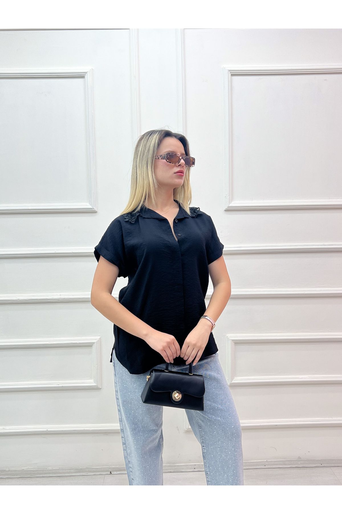 MODA 42 DANTEL YAKA KISA KOL AYROBİN GÖMLEK