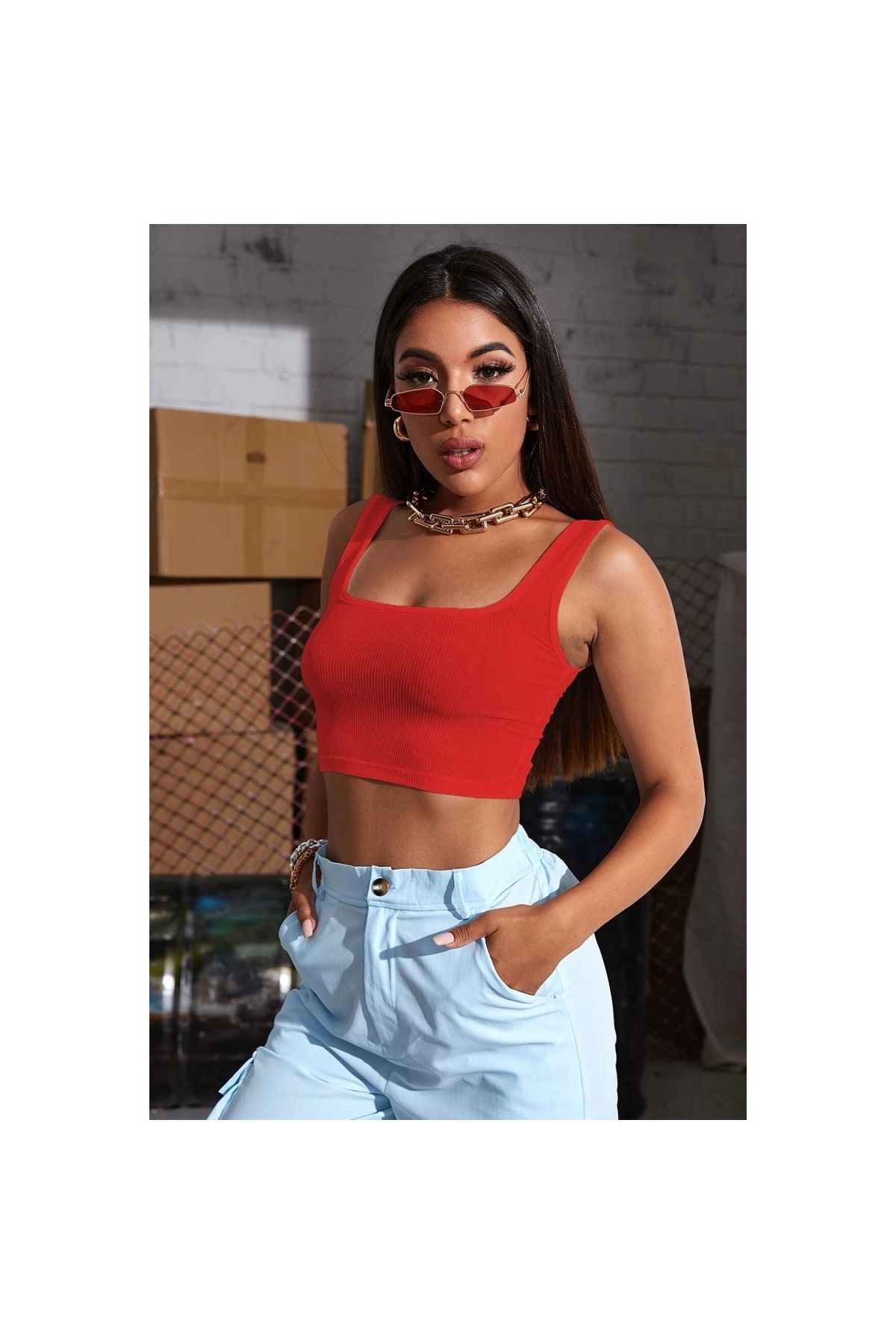 Marsilyan Kadın Kırmızı Kalın Askılı Crop Top Büstiyer