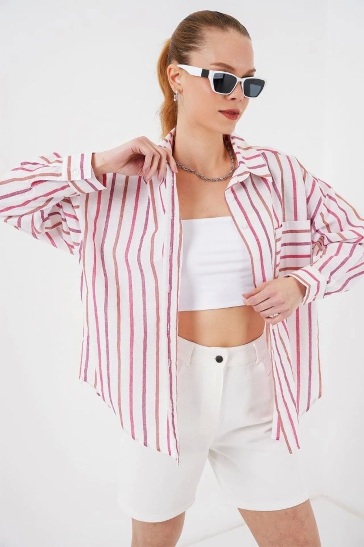 Butik Çizgili Oversize Gömlek 20278 - Kırmızı