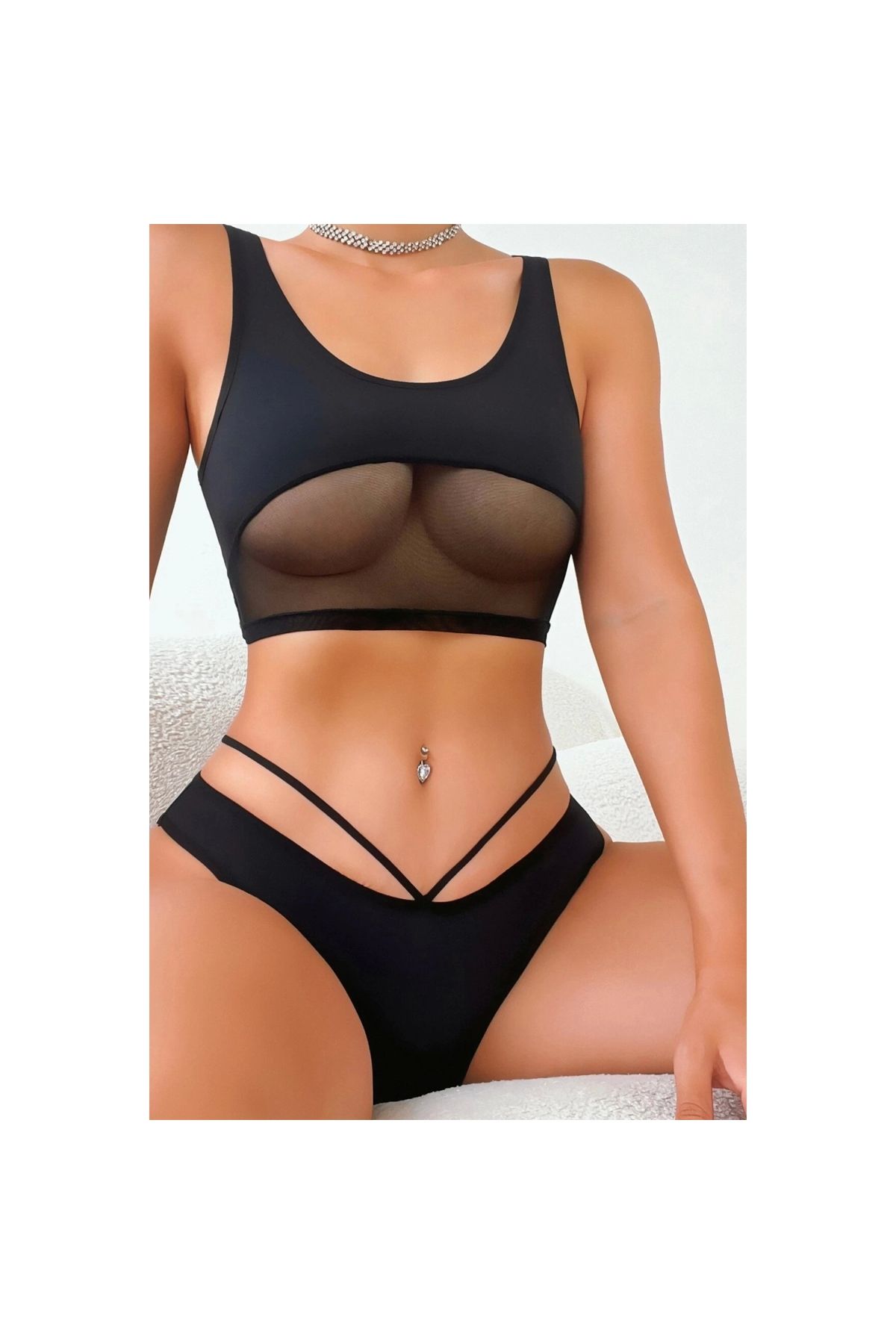 Marsilyan - Kadın Siyah Çapraz Ip Detaylı Şık Bikini Takımı