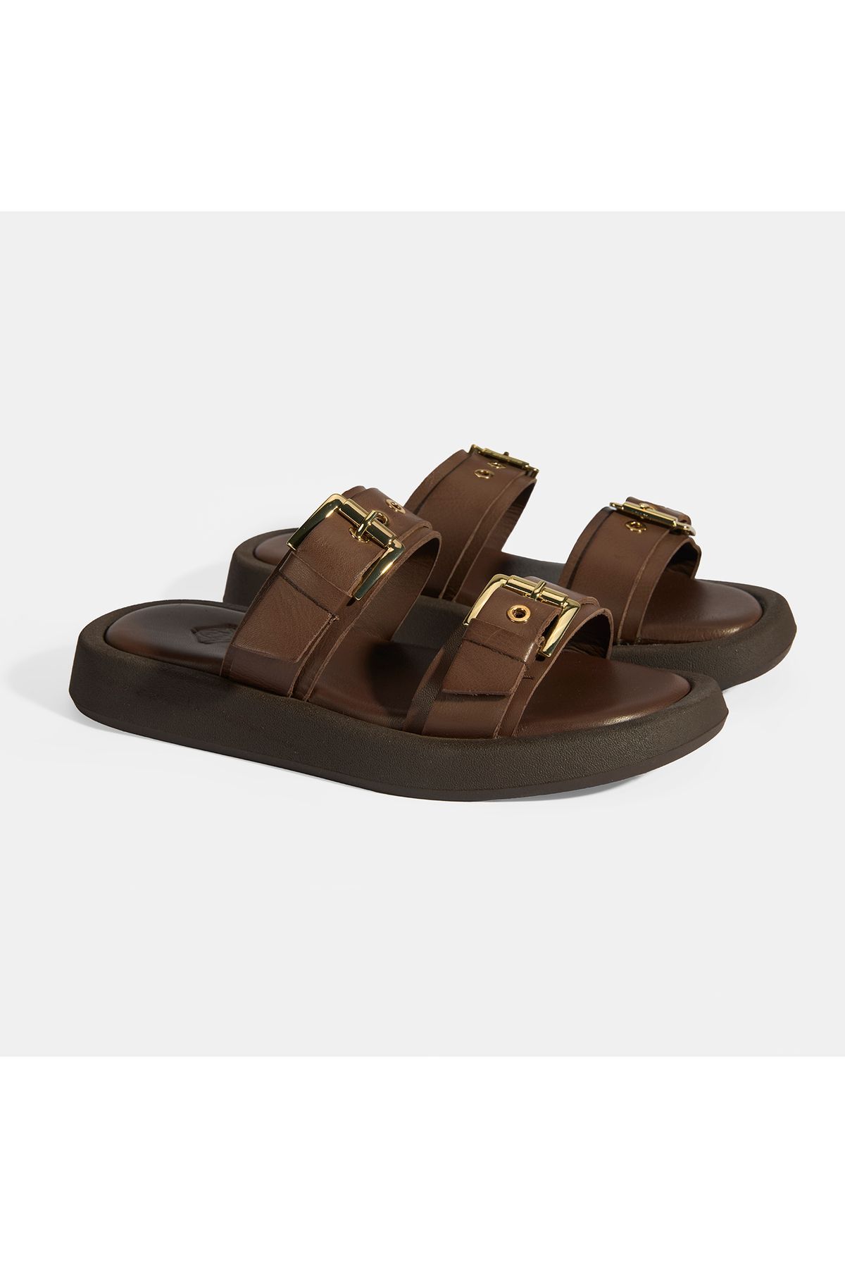 Desa-Women's Brown Buckle Detailed Leather Slippers 2