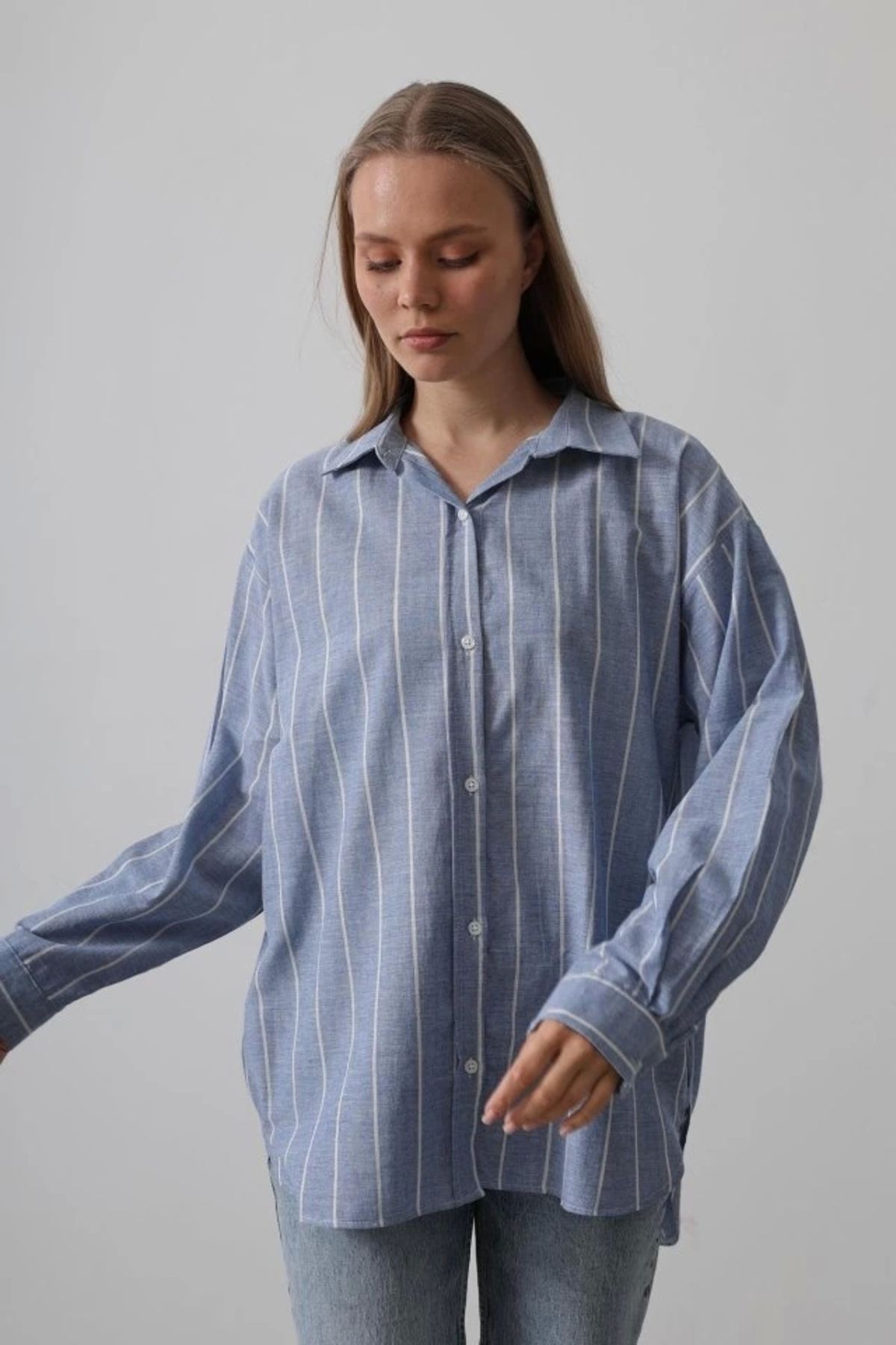 Butik Çizgili Tunik Gömlek - Mavi Desen 1