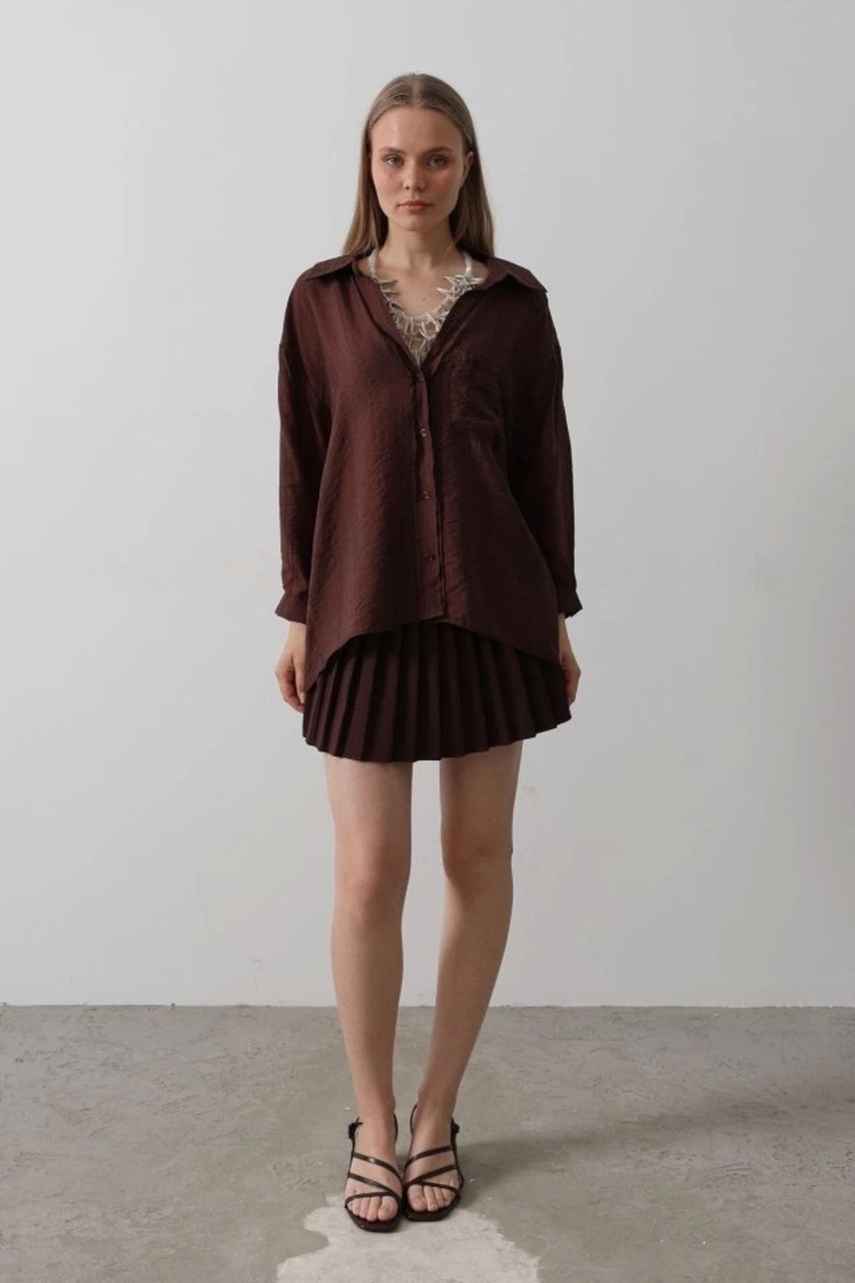 Butik Cepli Oversize Gömlek - Kahve
