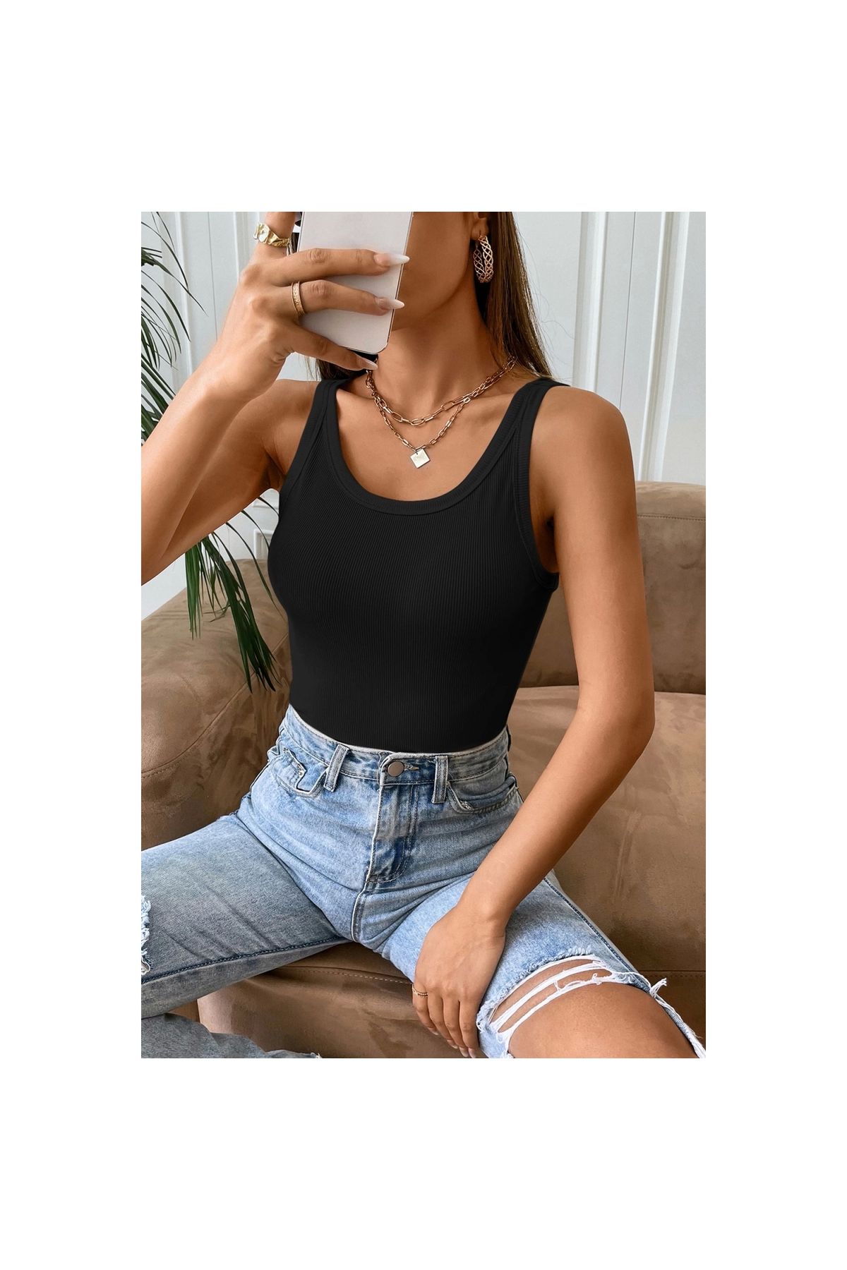 Marsilyan - Kadın Siyah Kolsuz Kalın Askılı Uzun Crop Top Bluz & Atlet