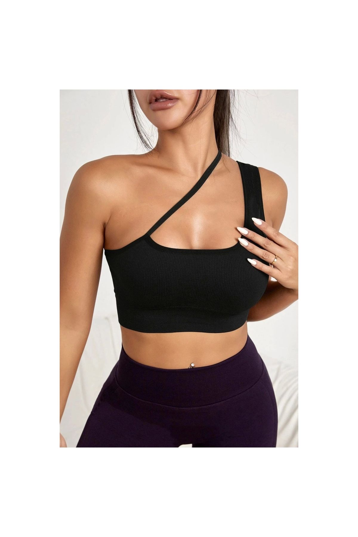 Marsilyan - Kadın Siyah Tek Omuzlu Çapraz Askılı Crop Top Büstiyer