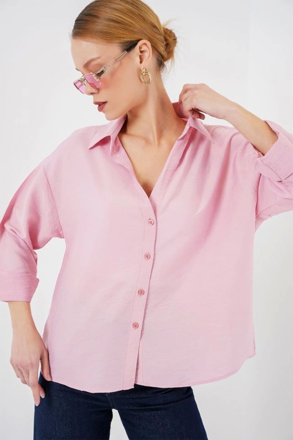 Butik Oversize Kısa Kol Gömlek 20315 - Pembe