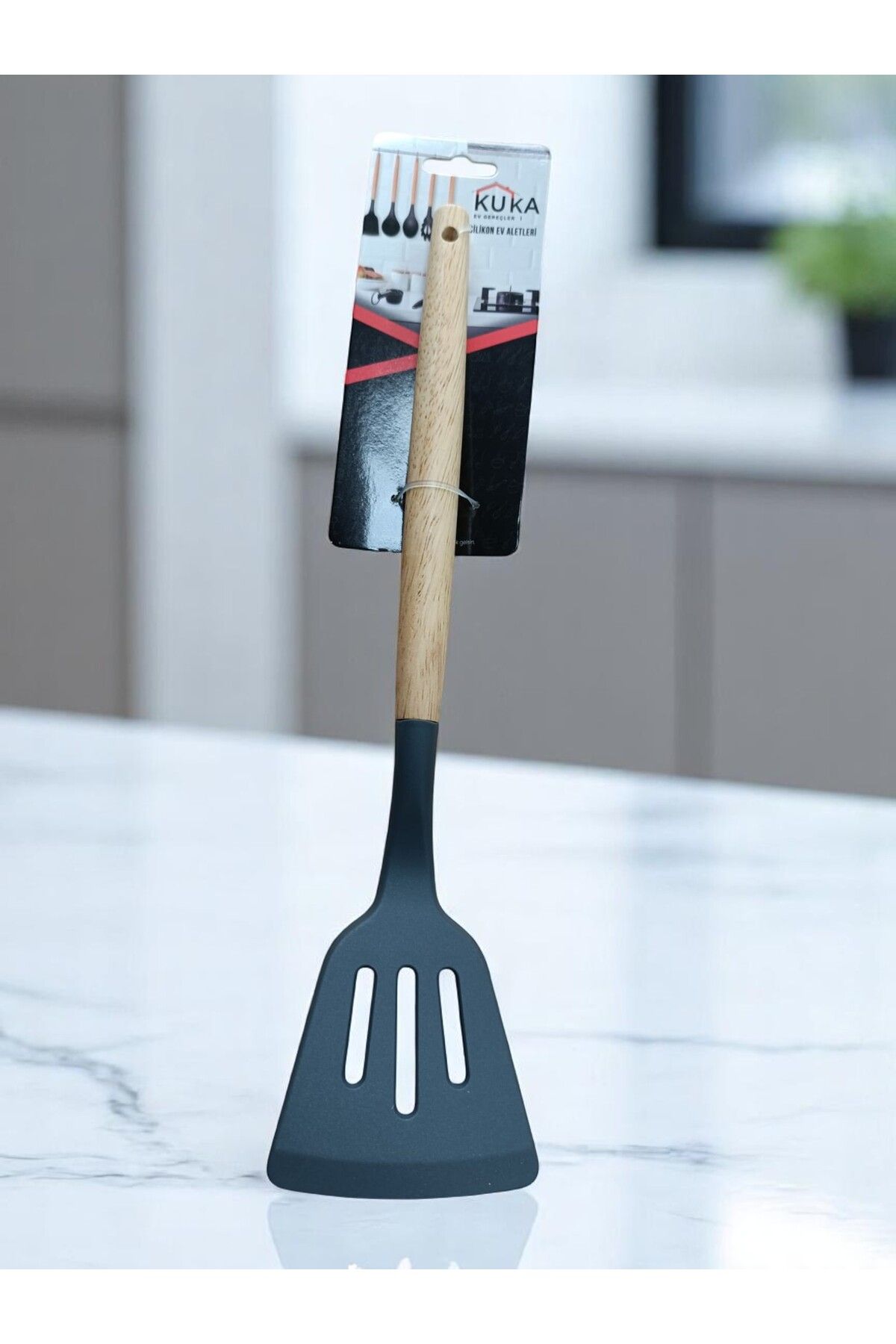 Kuka MUTFAK SPATULASI BAMBU SAPLI IZGARA ŞEKLİNDE ANTRASİT RENK 31 CM