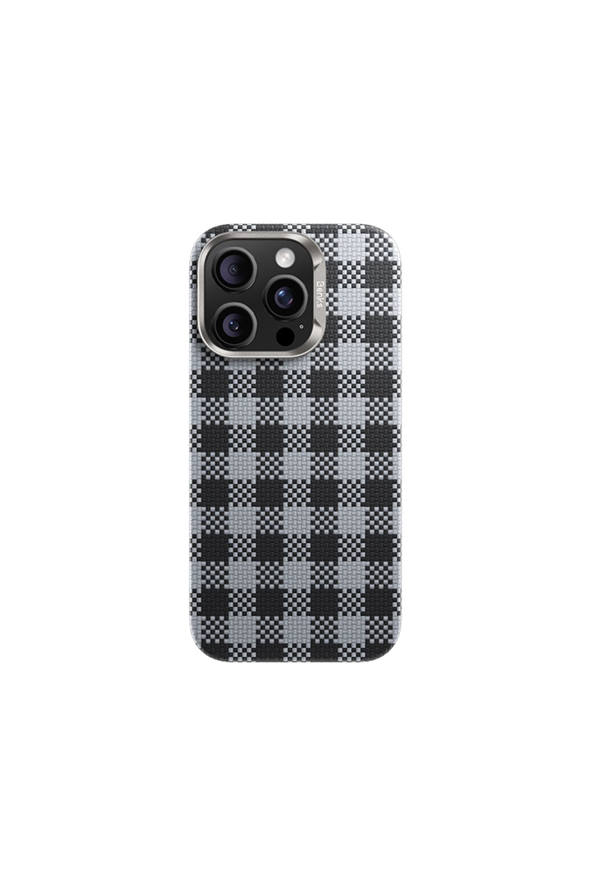 Benks iPhone 16 Pro Max Kılıf M-safe Özellikli Ekose Tasarımlı Benks ArmorVichy Kevlar Kapak Siyah