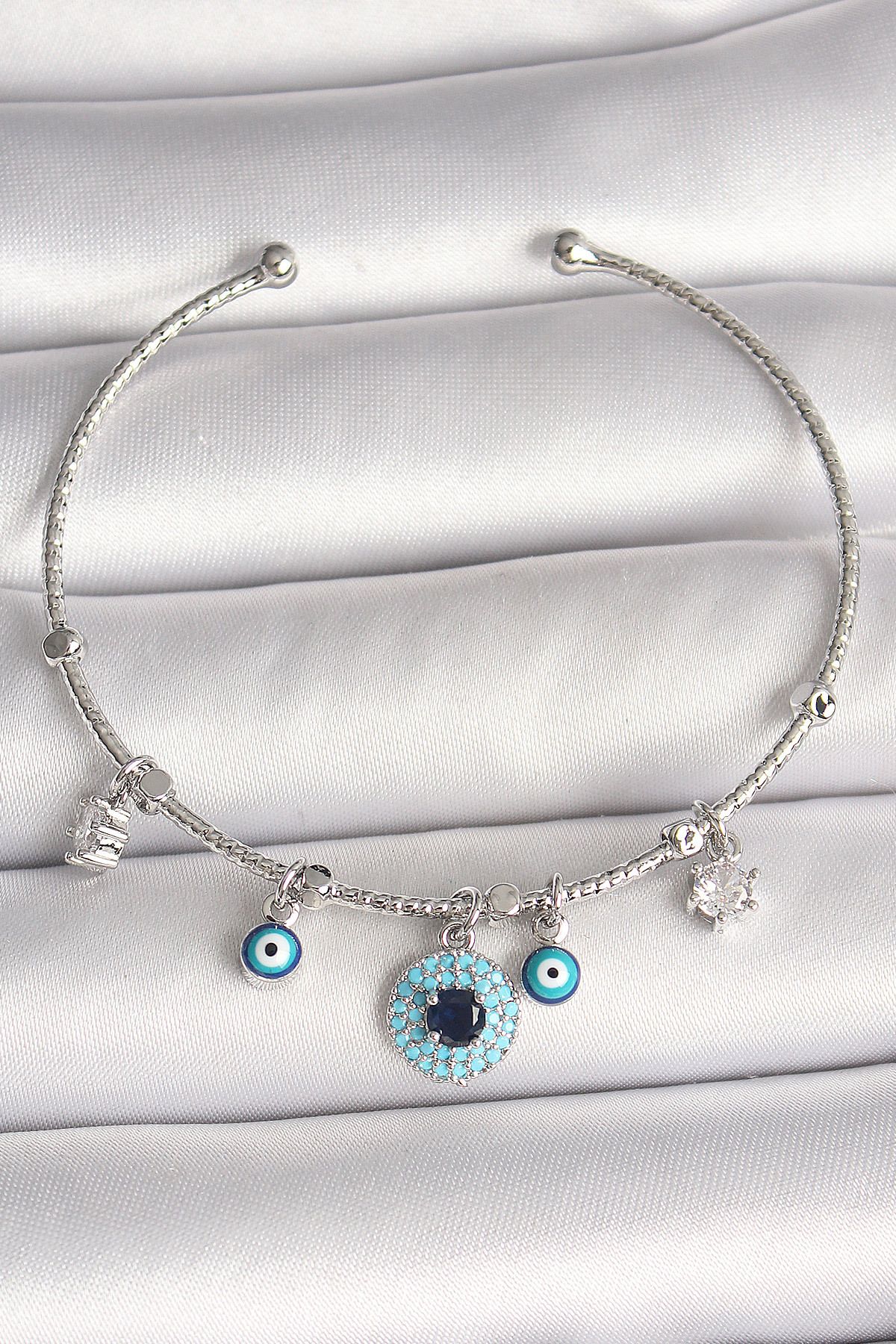 callerrons accessories Pirinç Gümüş Renk Sallantı Zirkon Taşlı Nazar Boncuk Figür Charm Kadın Bileklik - EBJ250501W32833