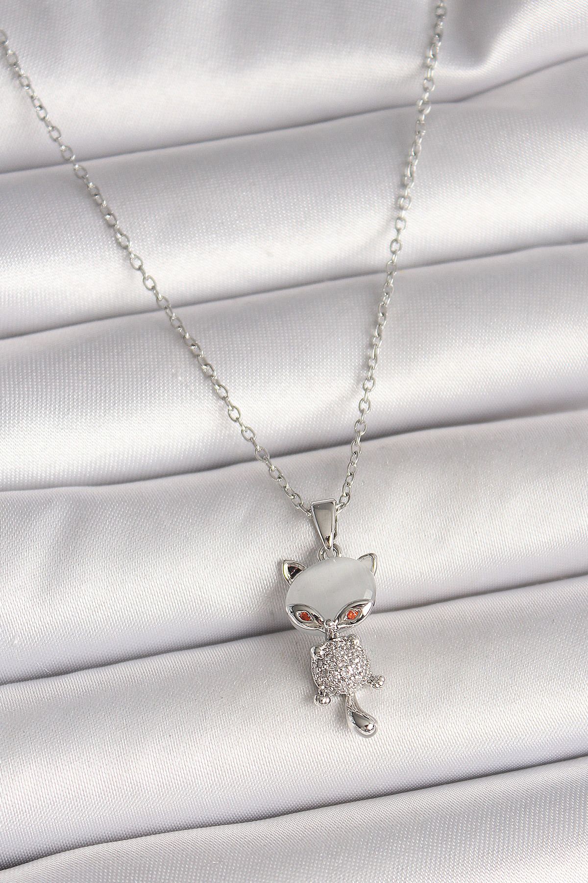 callerrons accessories Gümüş Renk Zincir Zirkon Taşlı Kedi Model Kadın Kolye - EBJ250501W32759