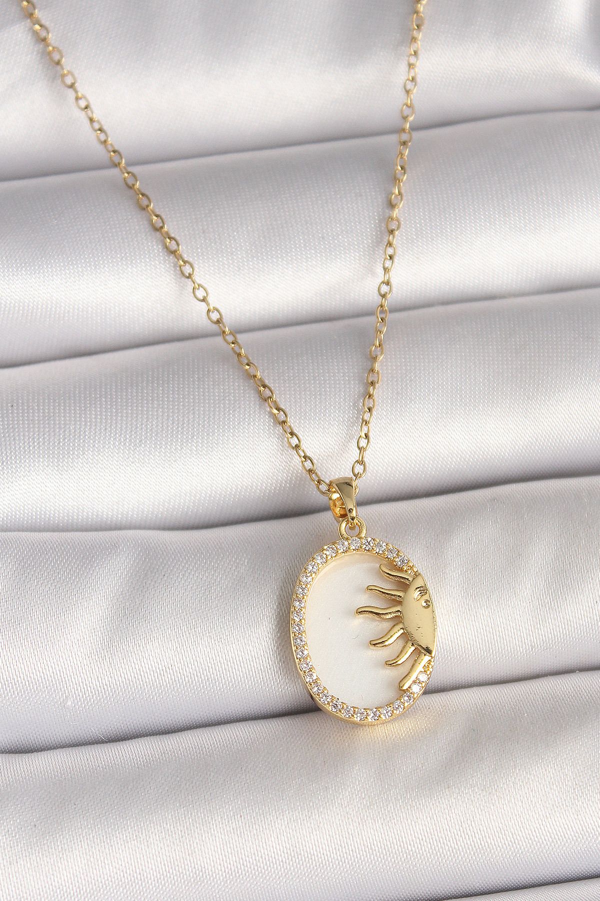 callerrons accessories Gold Renk Zincir Beyaz Mineli Gün Batımı Model Zirkon Taş Detay Kadın Kolye - EBJ250501W32780