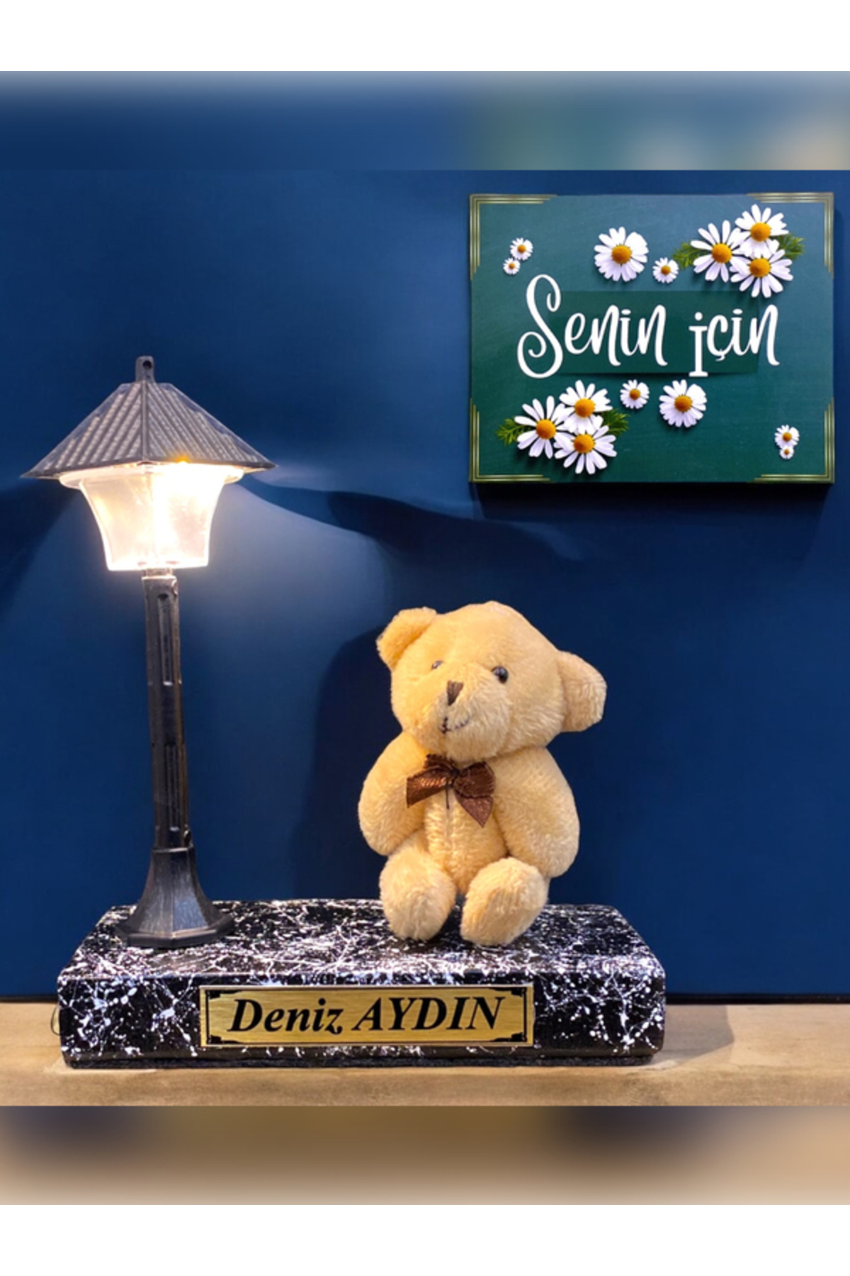 MEGA KANYON Sizlere Özel İsimli ve Ayıcıklı Masa Lambası | Siyah Mermer Tasarımlı | Çift Renk Işıklı