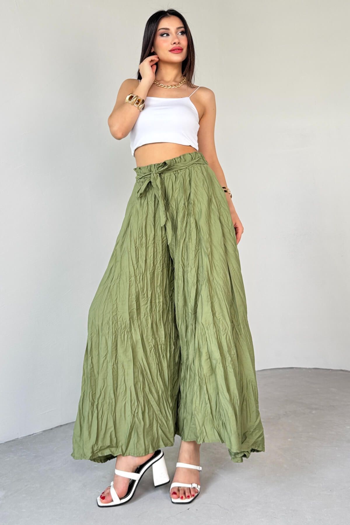 Cappmoda PNT-07415 Haki Bel Lastikli Buruşuk Kumaş Salaş Pantolon