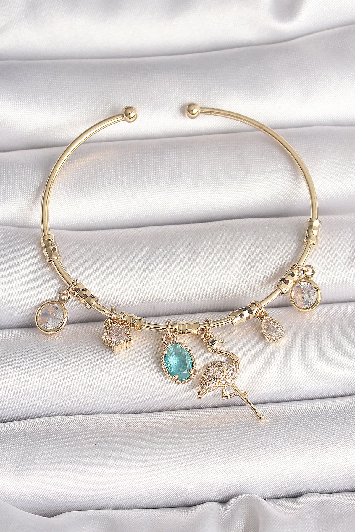 callerrons accessories Pirinç Gold Renk Zirkon Taşlı Sallantı Filamingo Figür Charm Kadın Bileklik - EBJ250501W32807