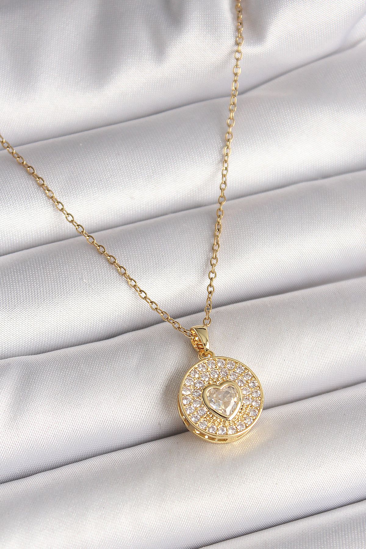 callerrons accessories Gold Renk Zincir Madalyon Zirkon Taşlı Kalp Model Kadın Kolye - EBJ250501W32724