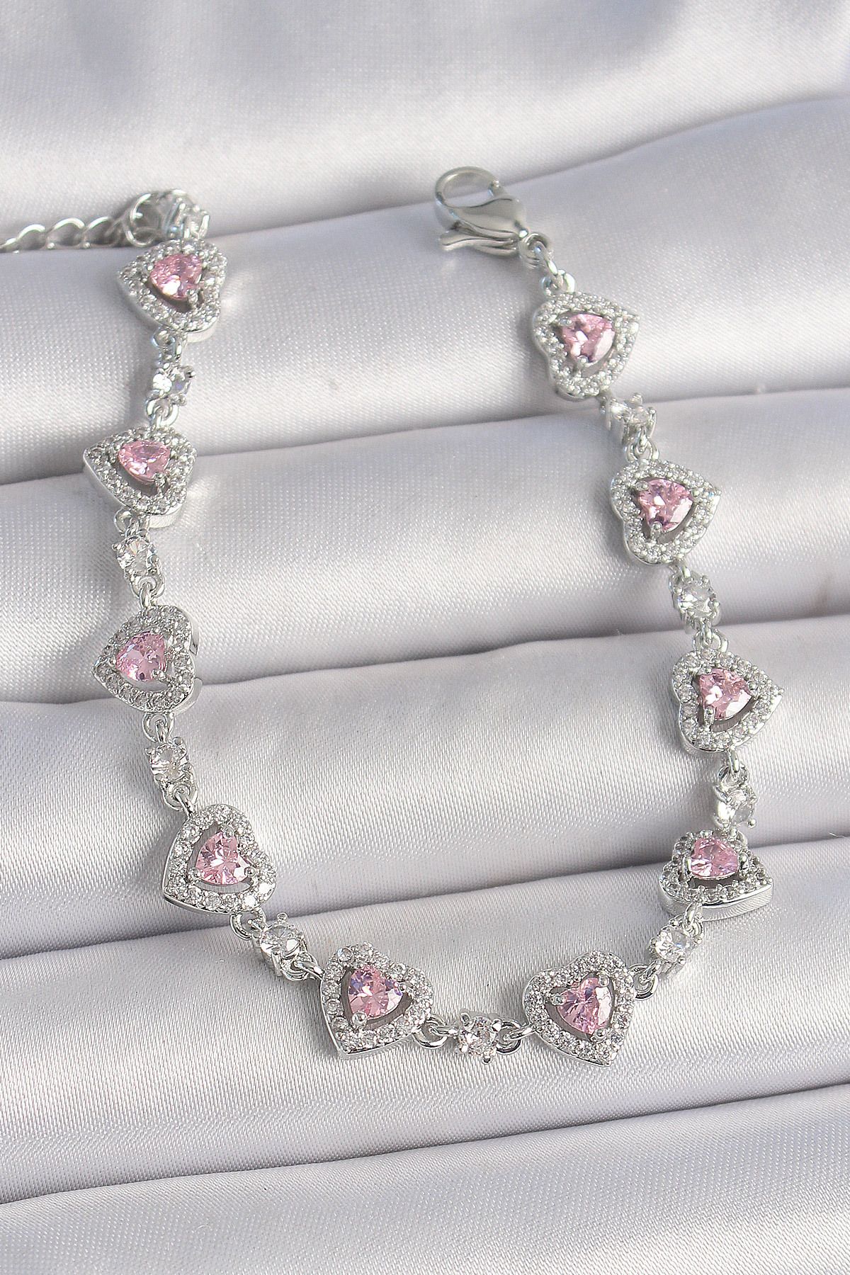 callerrons accessories Pirinç Gümüş Renk Zirkon Taşlı Pembe Kalp Model VIP Seri Kadın Bileklik - EBJ250501W33108