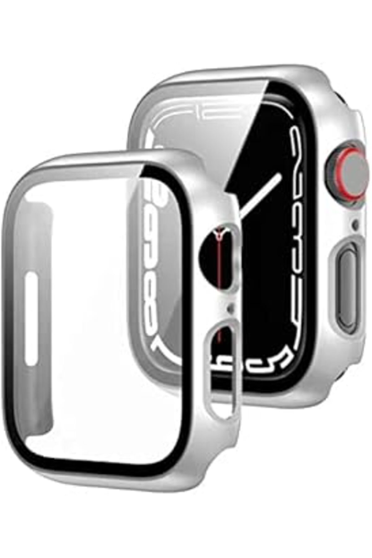 Mu Art Ahşap Çerçeve Kılıf Komple Önü Kapatan Mika Ekran Kırılmaz Cam Korumalı Gümüş-Gri Watch Seri 7 41Mm Ile U