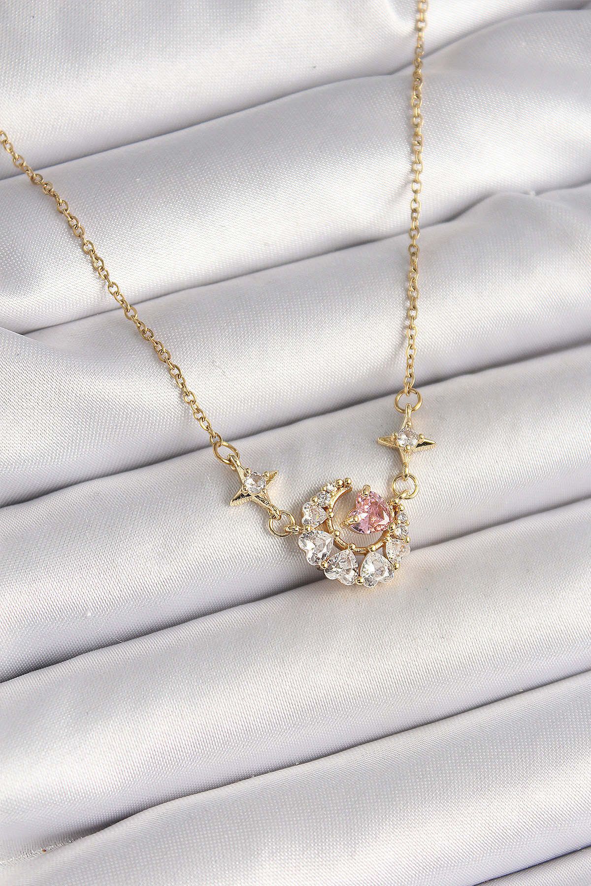 HobiDünyasıElif 316L Çelik Gold Renk Zirkon Taşlı Hilal Pembe Kalp Model Kadın Kolye - Lisinya