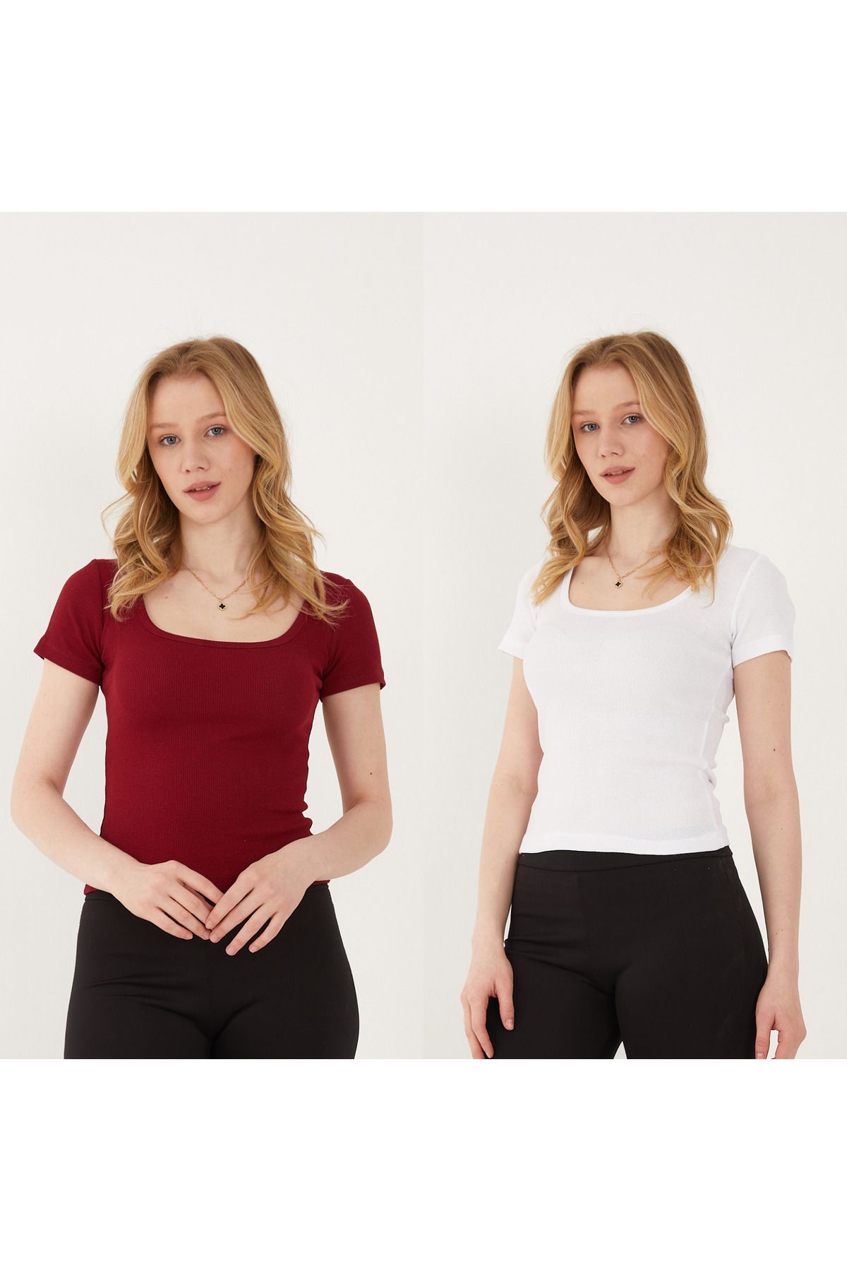 Wearflawless Kadın 2'li Adet Kısa Kollu Fitilli U Yaka Pamuklu Örme Kaşkorse T-Shirt Bluz Body