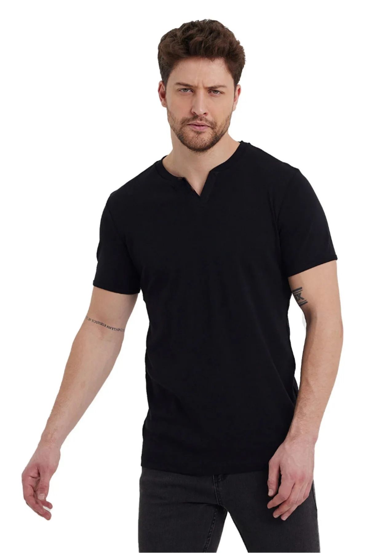 OIL PARK Erkek S V Yaka Detaylı %100 Pamuk Ribana Dokuma T-Shirt
