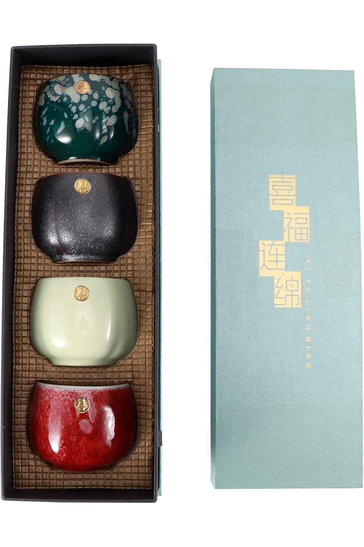 BEUFEE Retro Çin/Japon Kung Fu Çay Seti, 4 Adet Seramik Çay Fincanı, Sake Fincanları, Hediye Seti